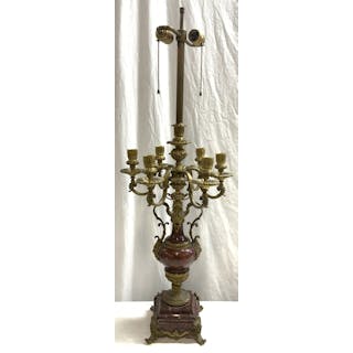 Vintage French Empire Brass & Marble Candelabra Lamp
