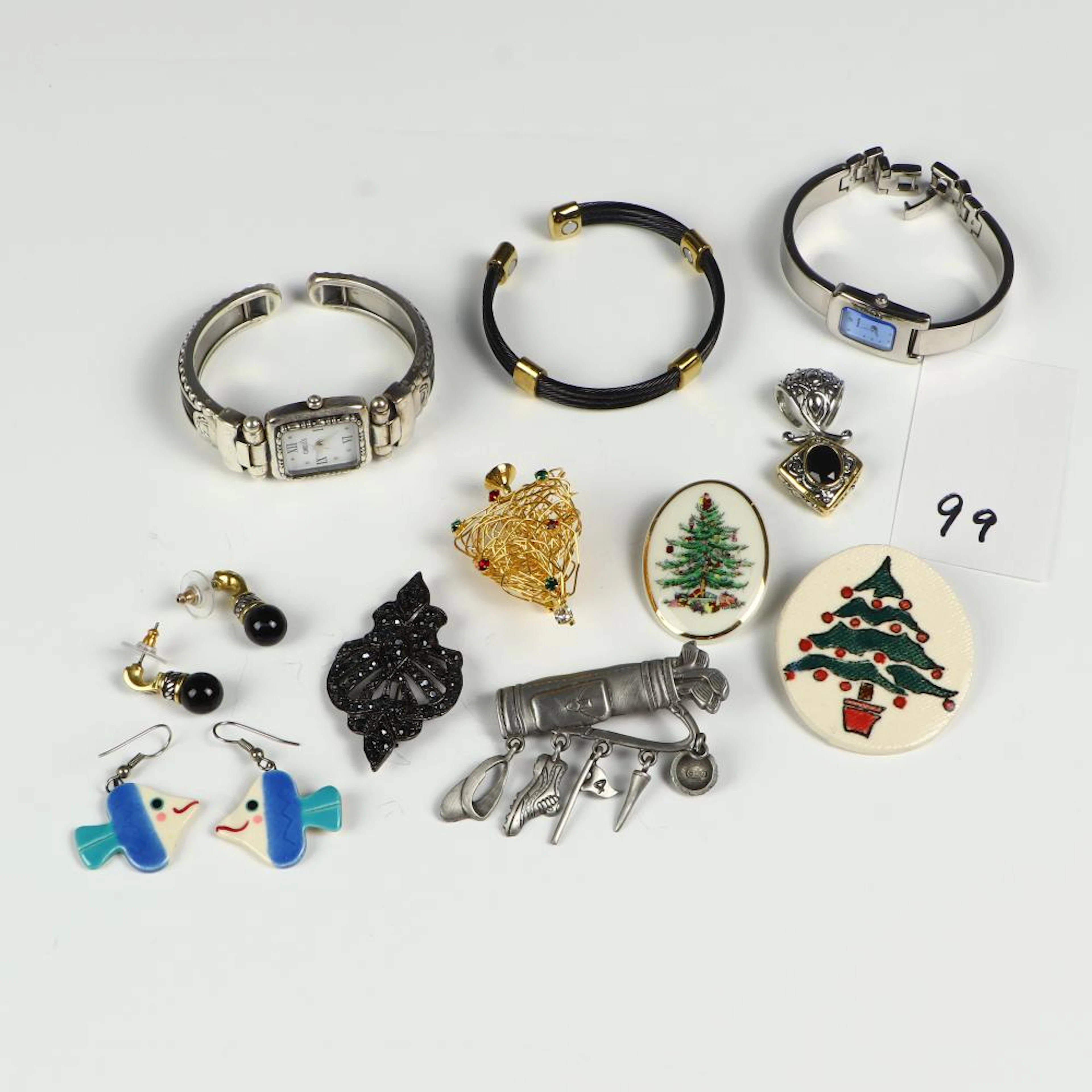 Brooches, Accurist and Chico?s watches, earrings, pendant, Sabona bangle