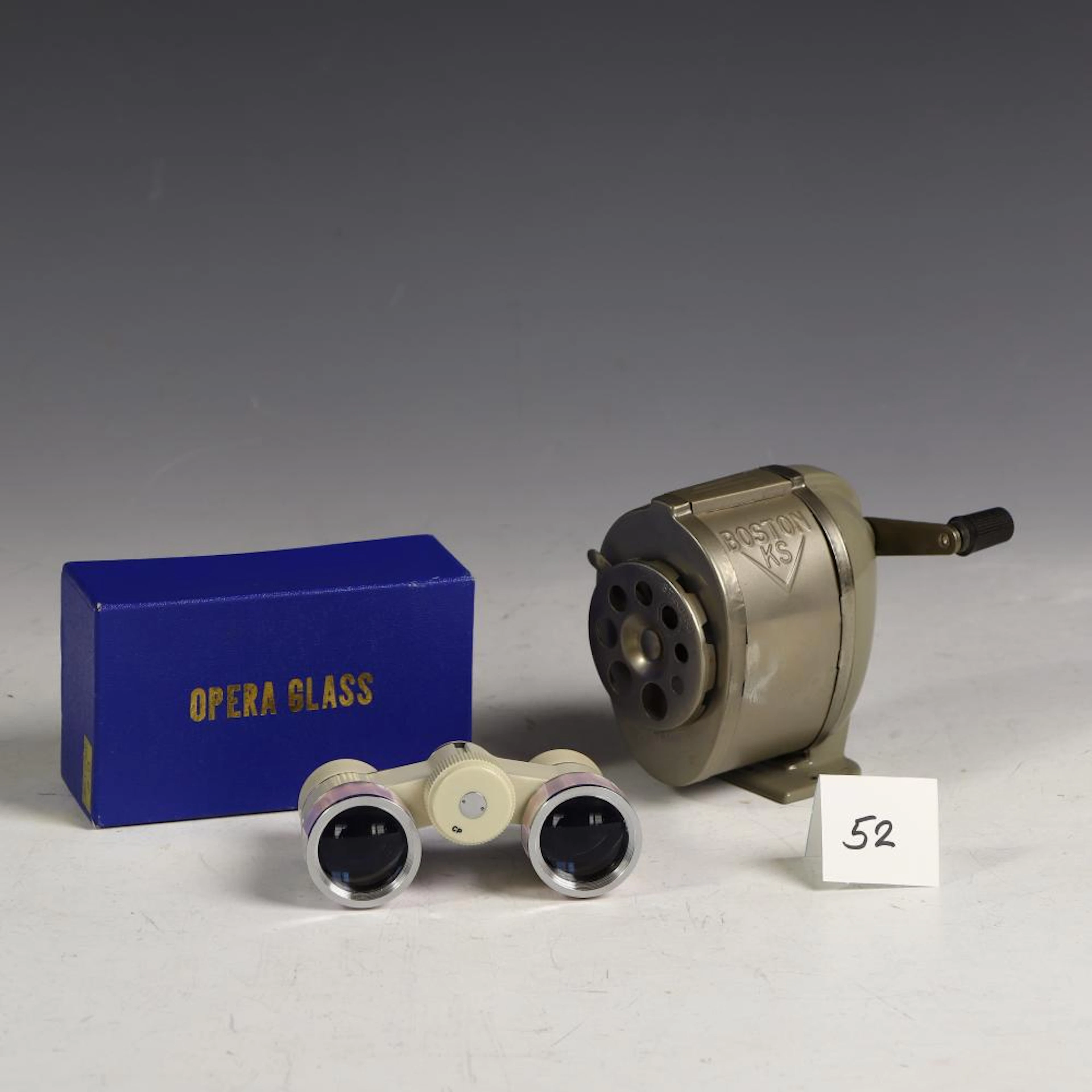 Vintage Copitar 3X coated opera glasses and a vintage Boston pencil sharpener