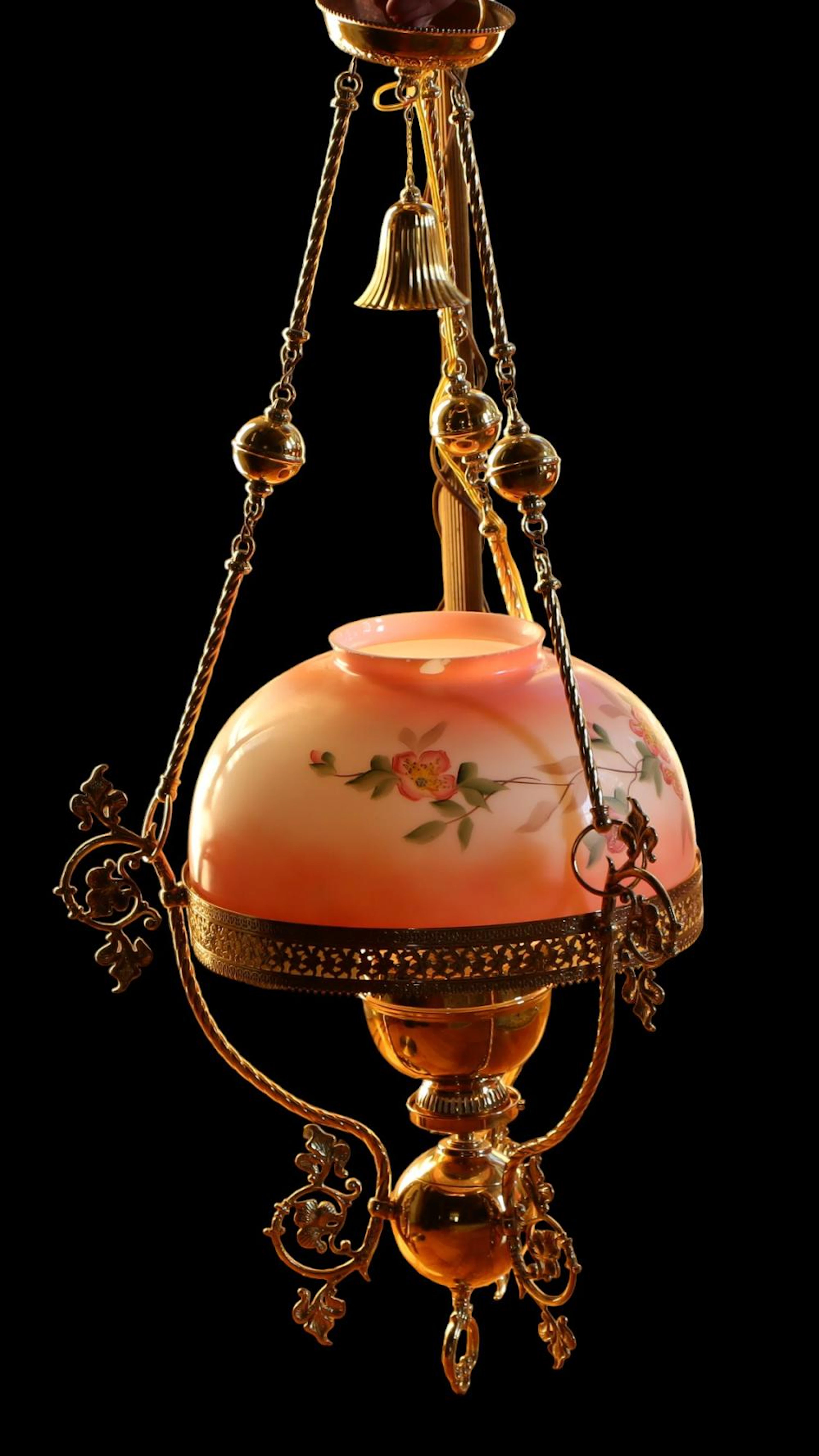 Brass Chandelier with Prisms and Hand Painter Glass Globe