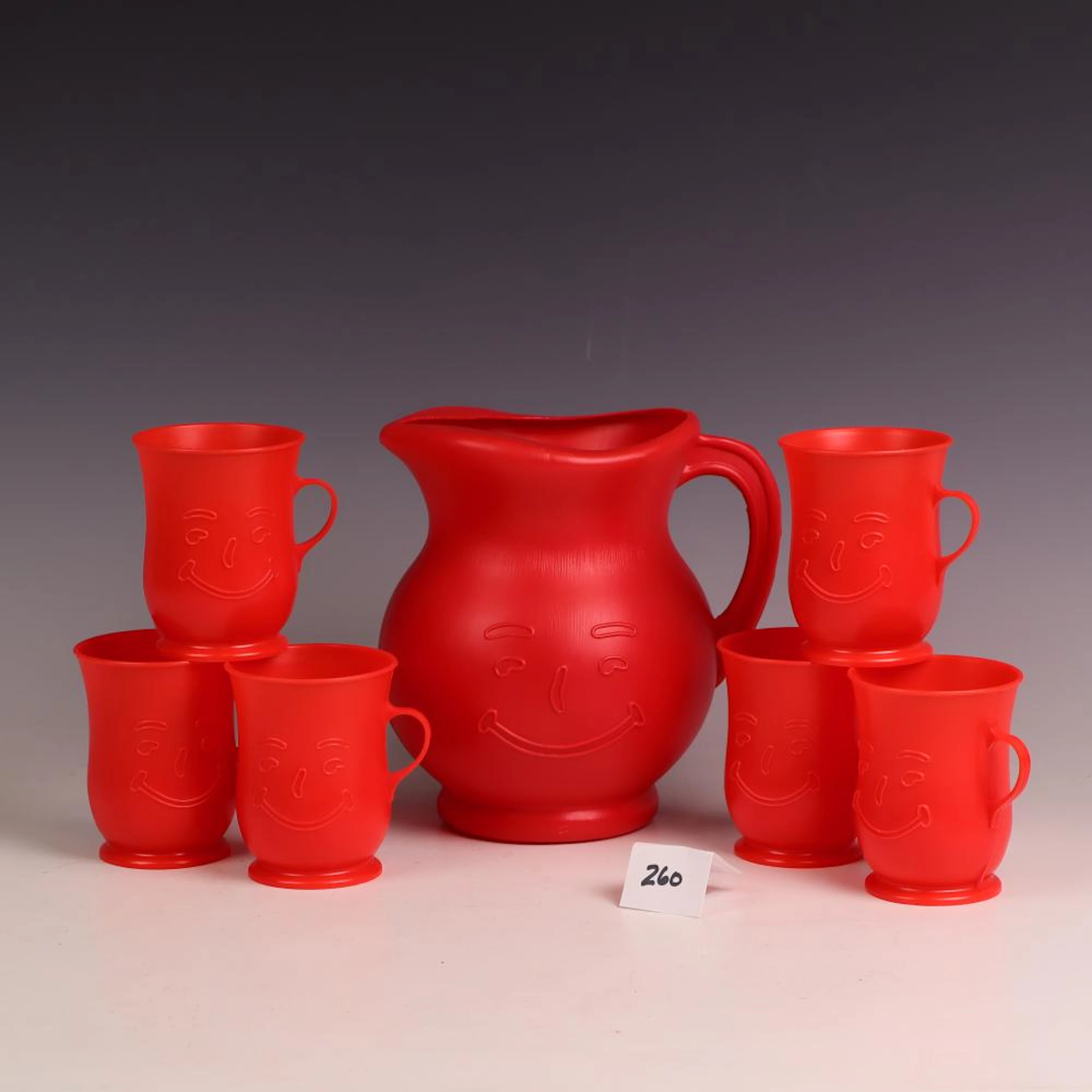 Vintage mid century red Kool Aid Man plastic 1 qt pitcher with 6 cups