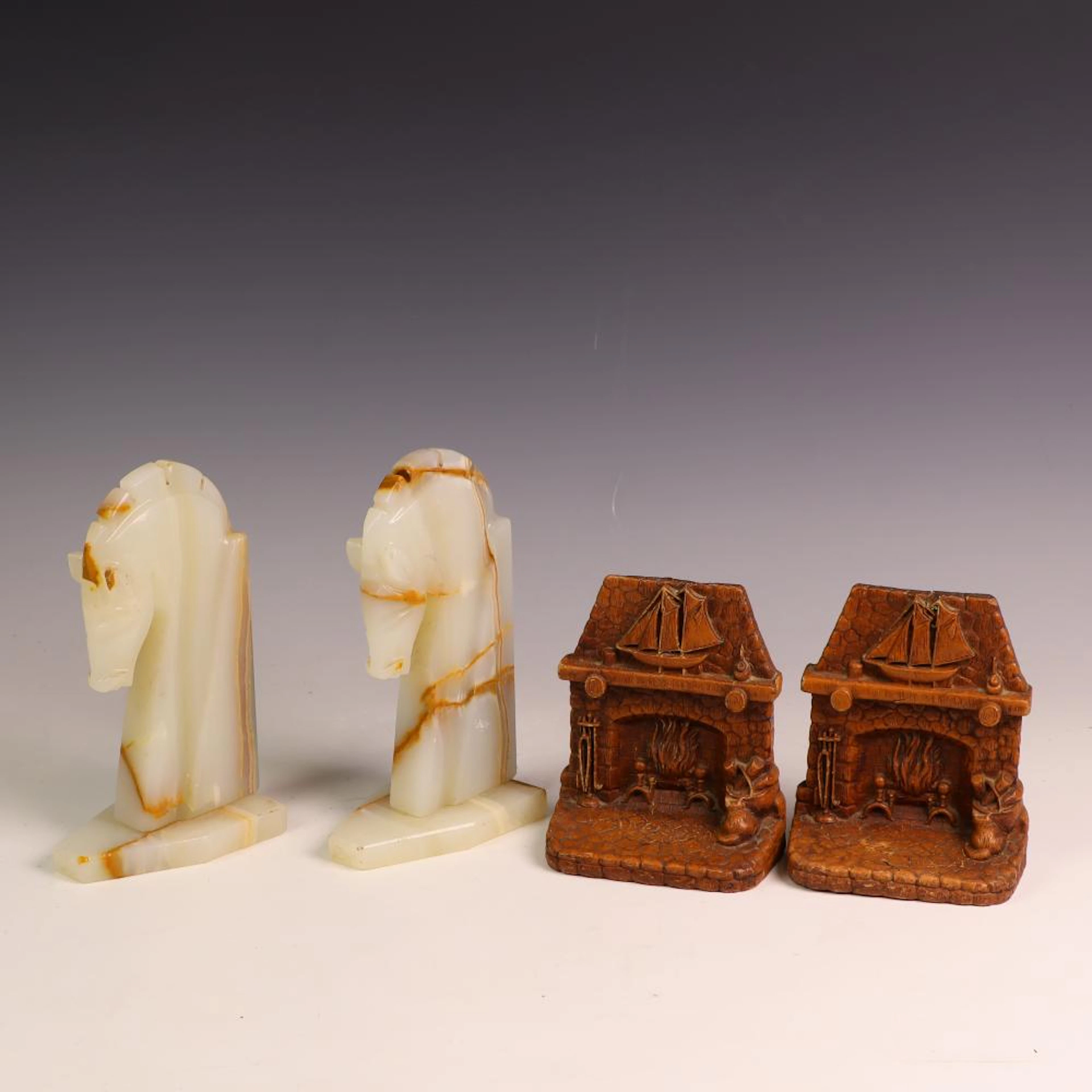 Vintage white onyx marble sculptured horse bookends and a fireplace bookends