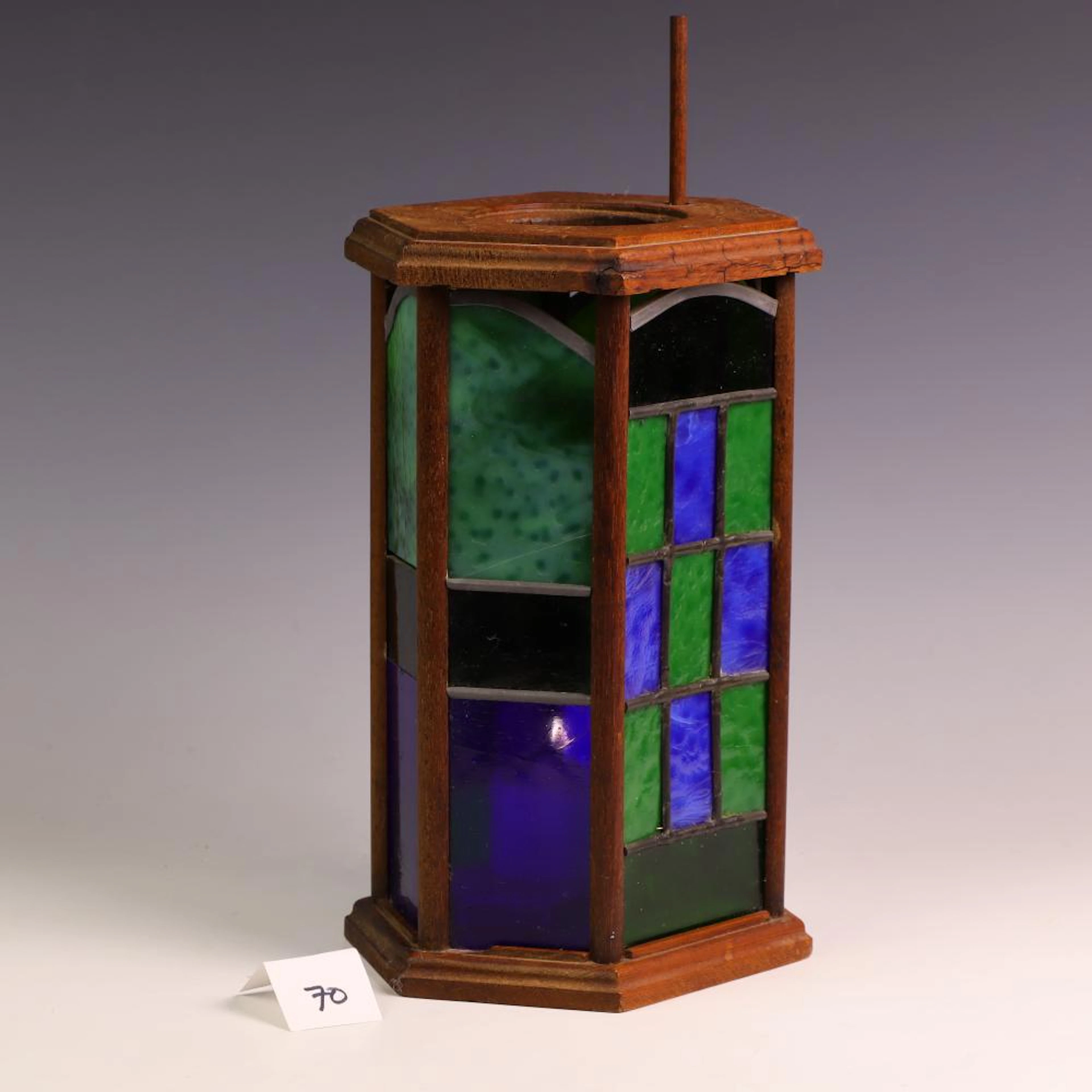Vintage Stained Glass wood framed Candle Lanter