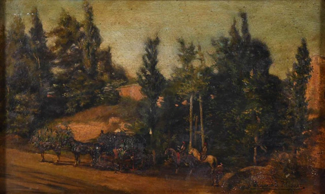 VALERIANO DOMINGUEZ BÉCQUER (1833-1870). "LANDSCAPE WITH A CARRIAGE".