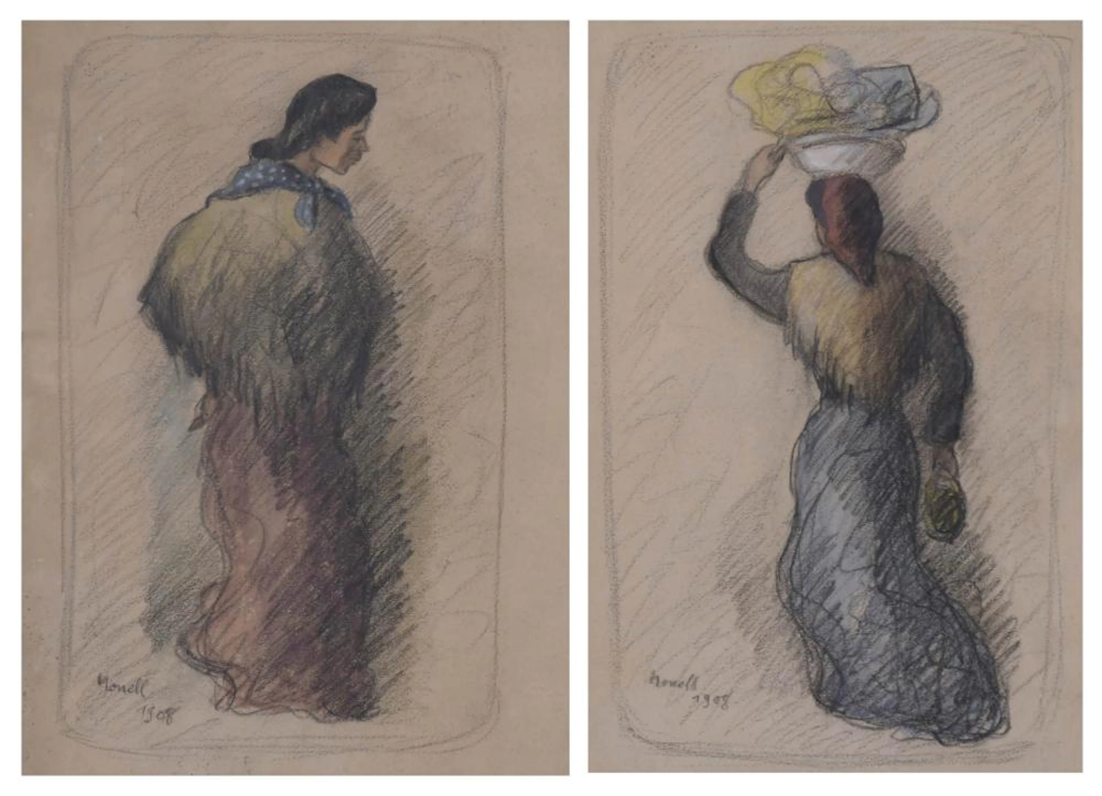 19TH-20TH CENTURY CATALAN SCHOO. PAIR OF DRAWINGS DEPICTING "WOMEN".