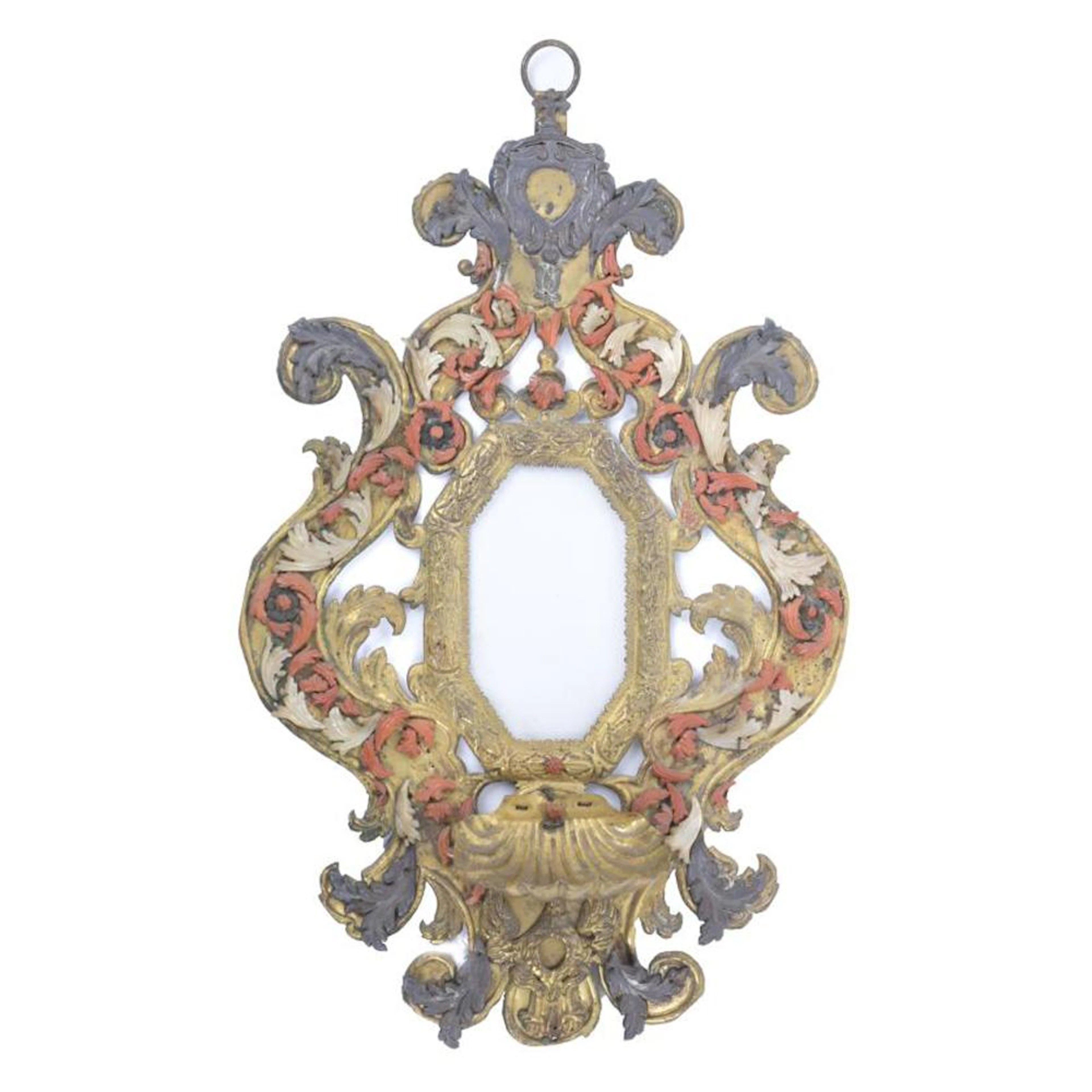 LITURGICAL FRAME WITH BLESSING STOUP, ITALY 17TH CENTURY.
