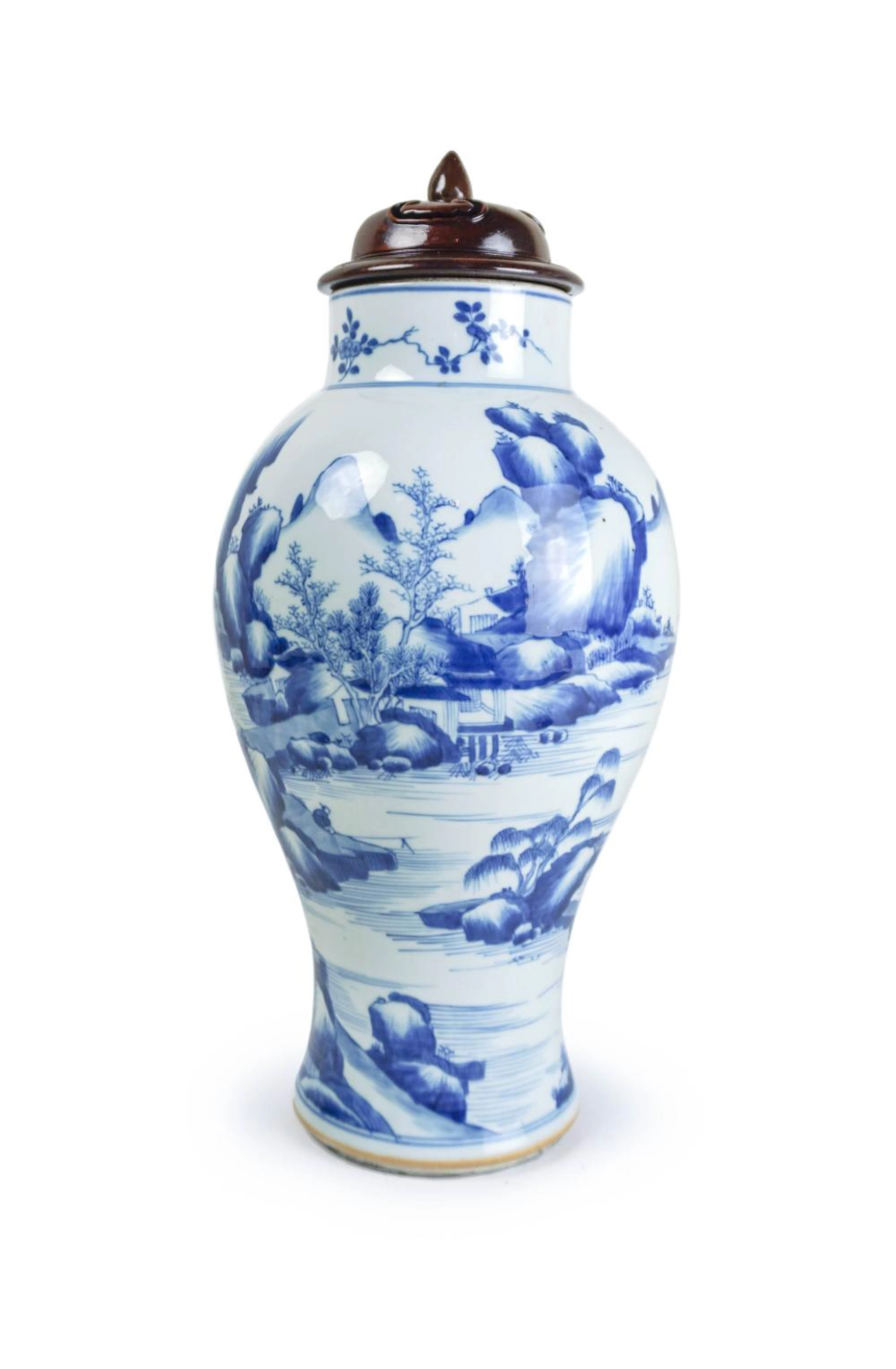 BLUE AND WHITE RIVERSCAPE VASE WITH LID