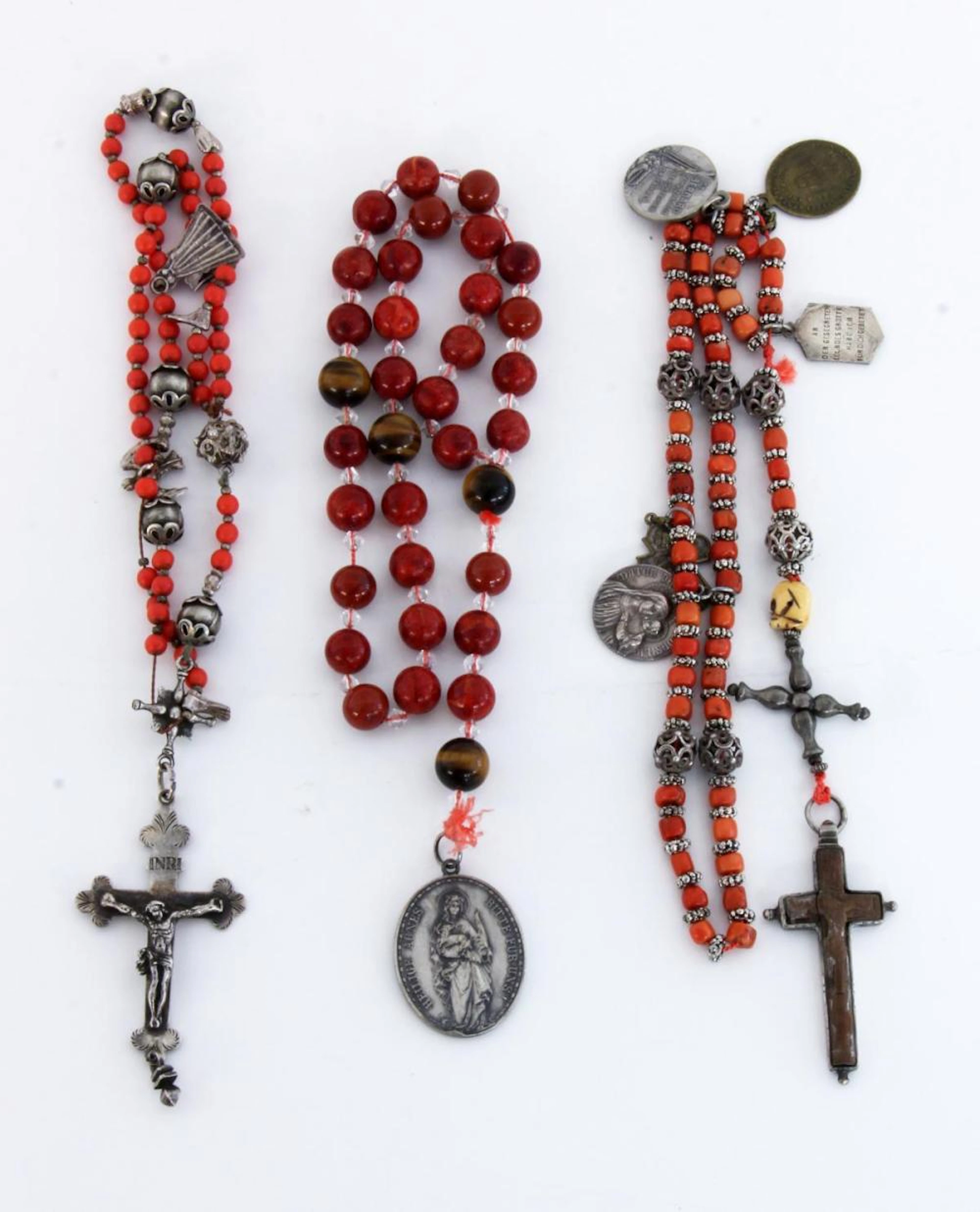 A LOT OF 3 ROSARIES Silver with coral beads