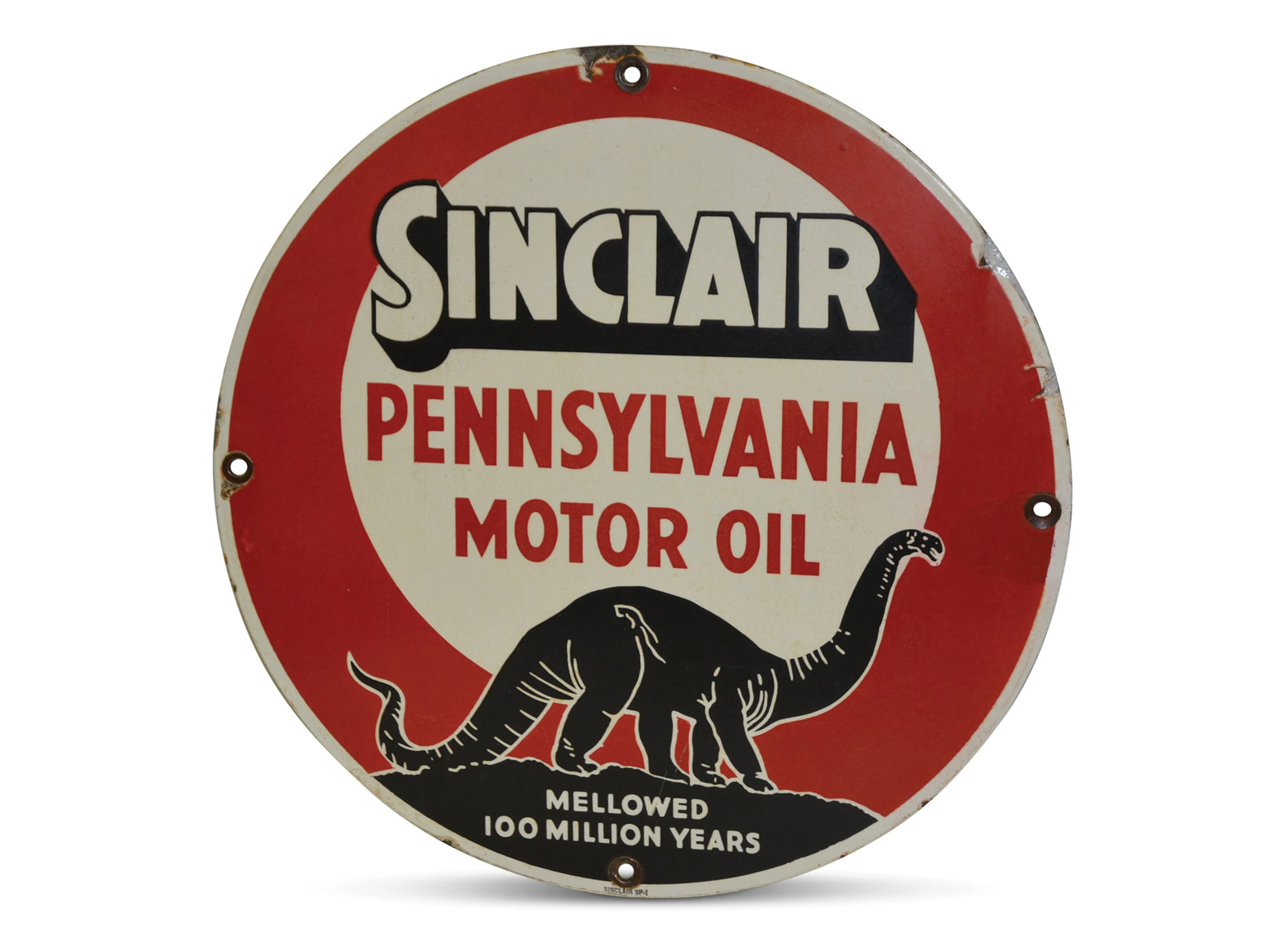 "Sinclair Pennsylvania Motor Oil" with Black Dinosaur Porcelain Sign