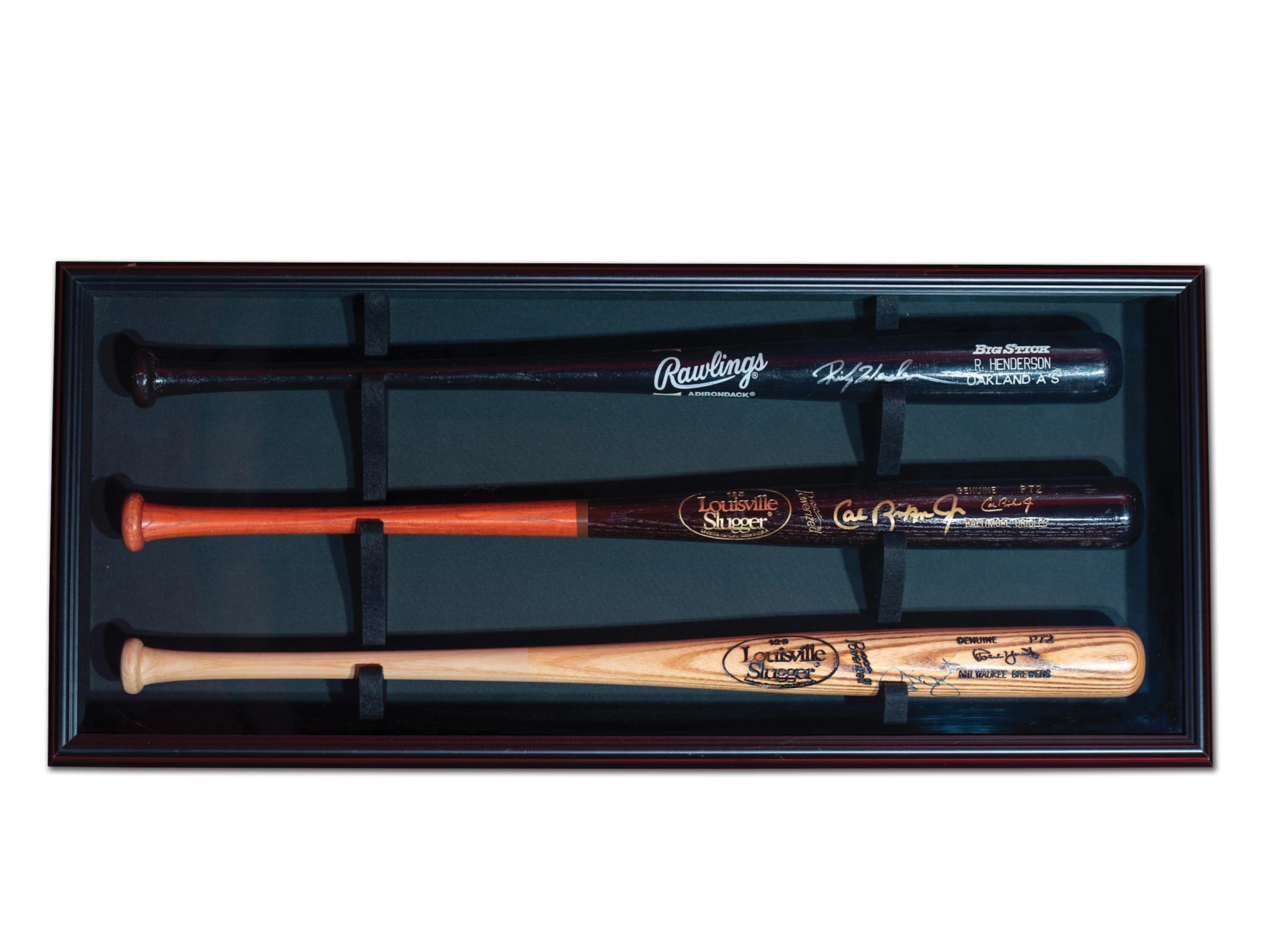 Ricky Henderson, Cal Ripken Jr. and Robin Yount Autographed Baseball Bats