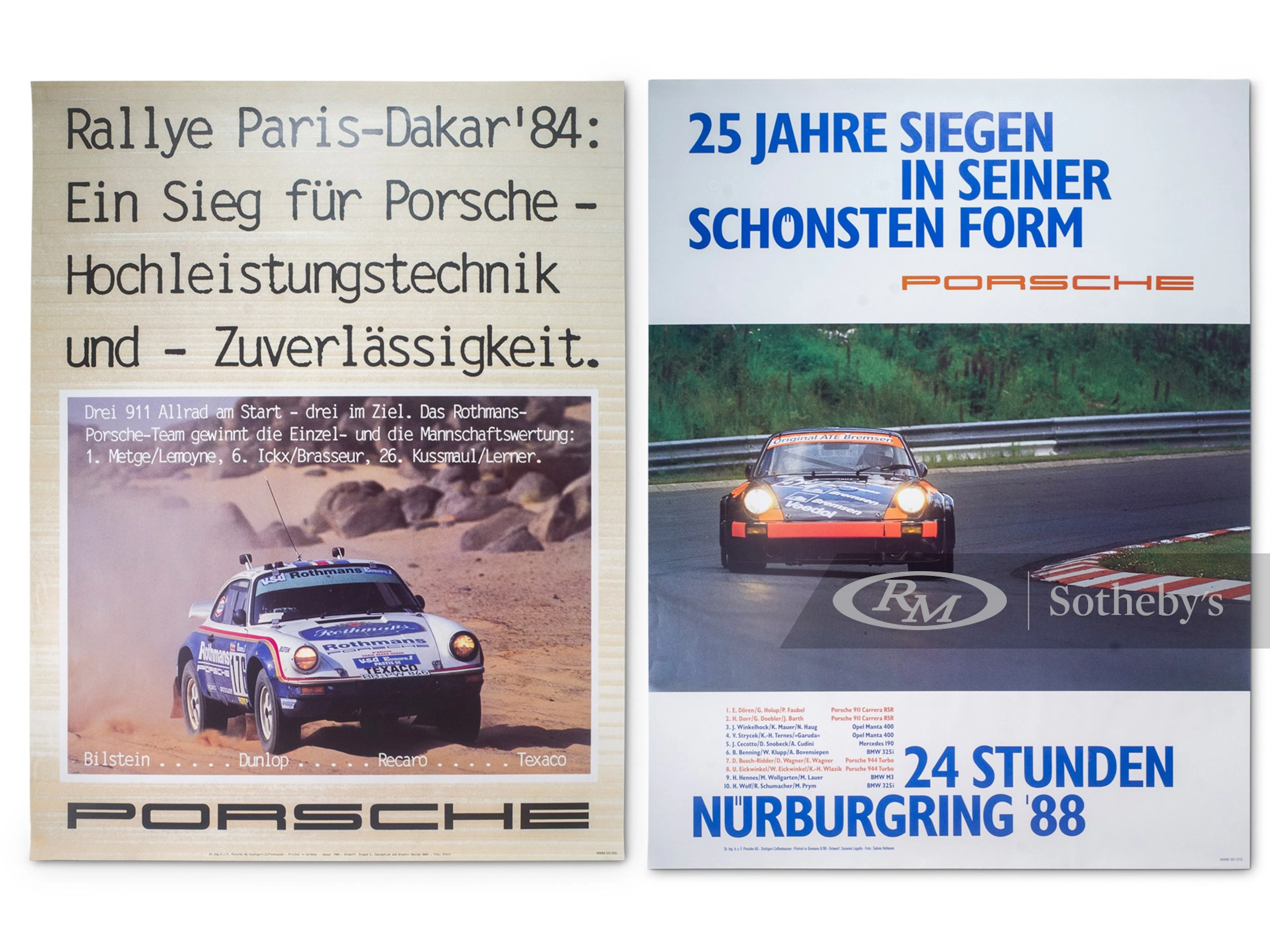 Porsche 953 Paris-Dakar and 911 RSR Racing Posters, ca. 1980s