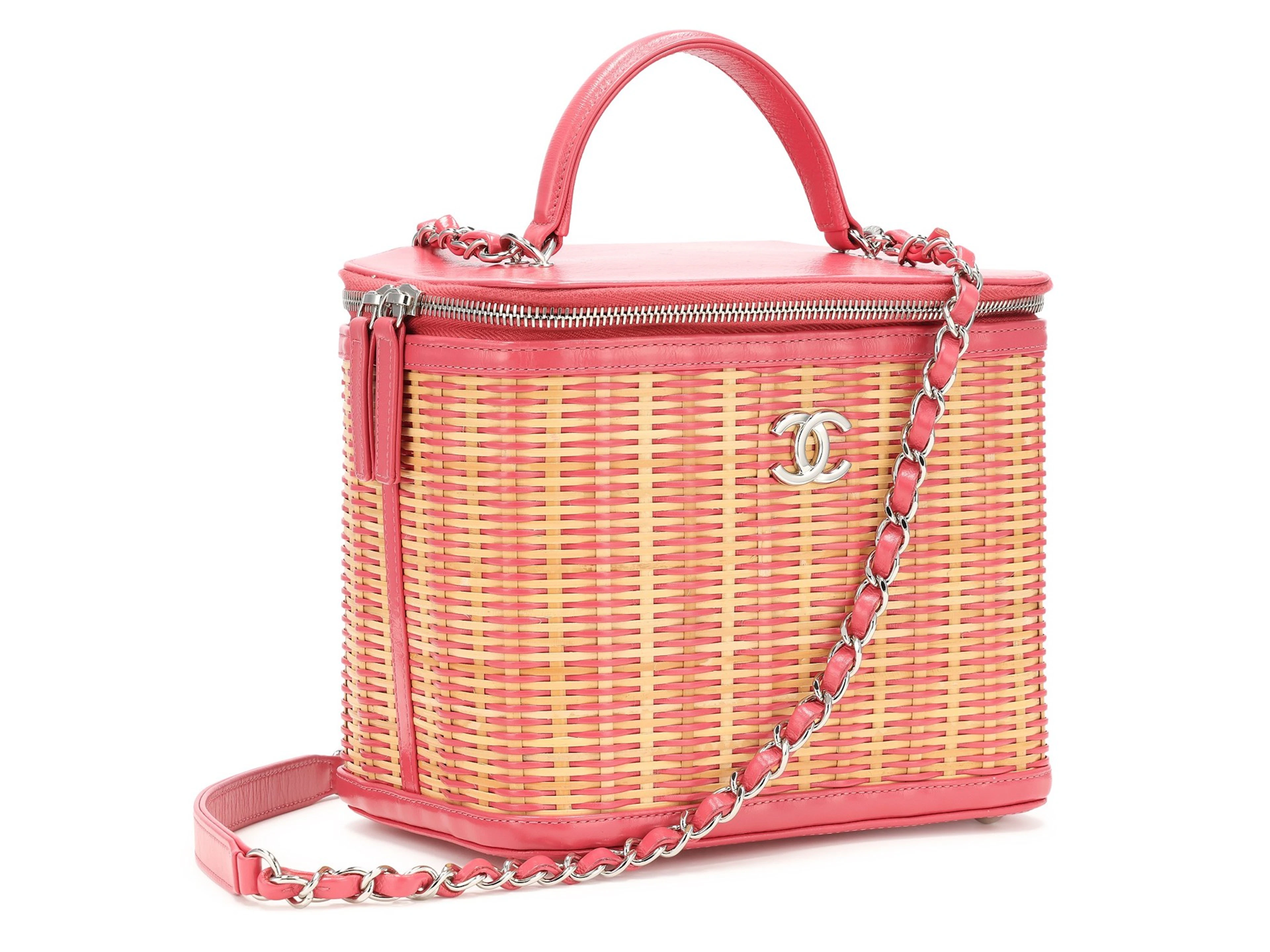 Chanel Pink Glazed Calfskin and Raffia Vanity Case Bag Silver Hardware, 2019