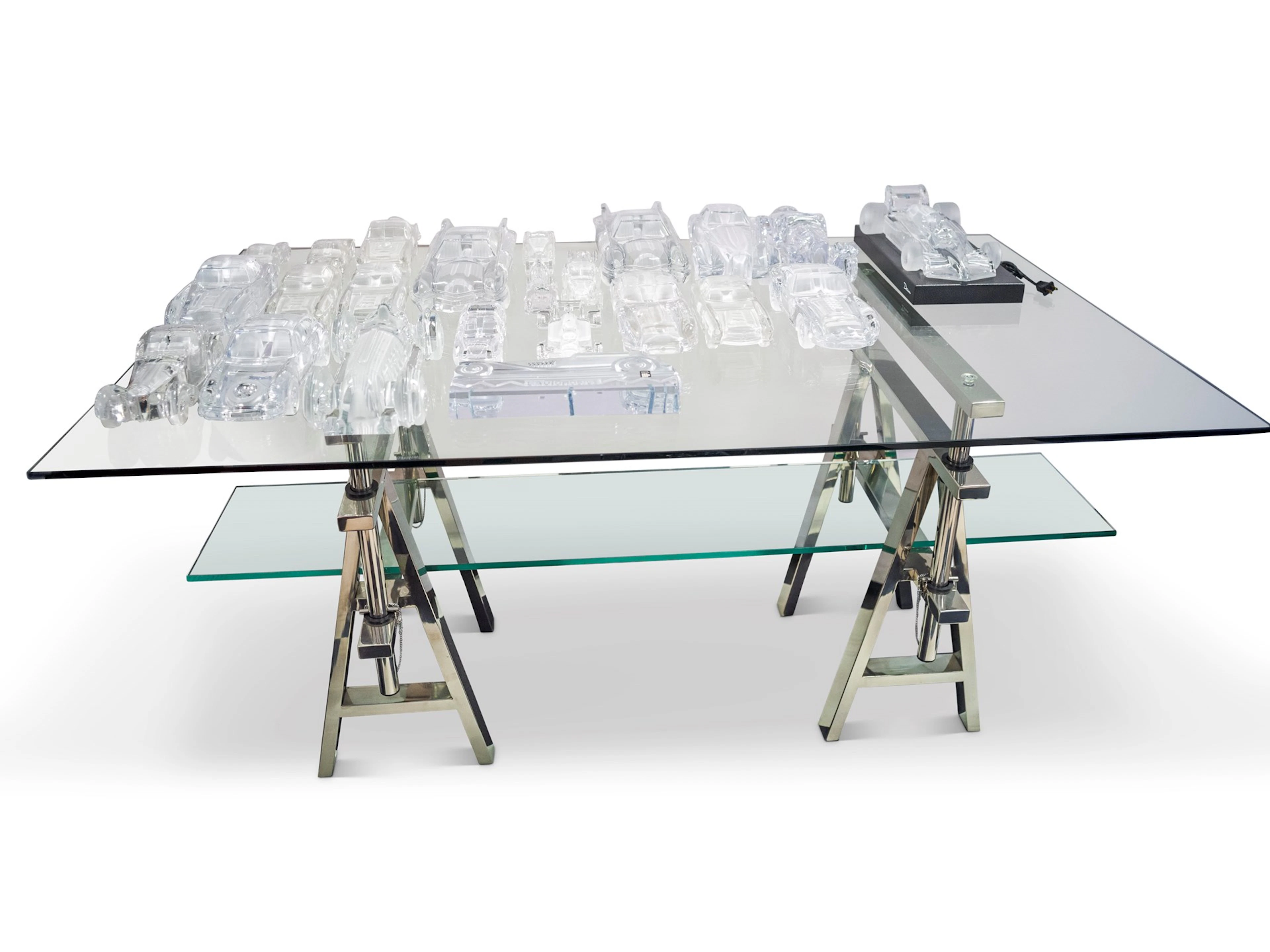 Collection of Daum Crystal Car Sculptures with Glass Table