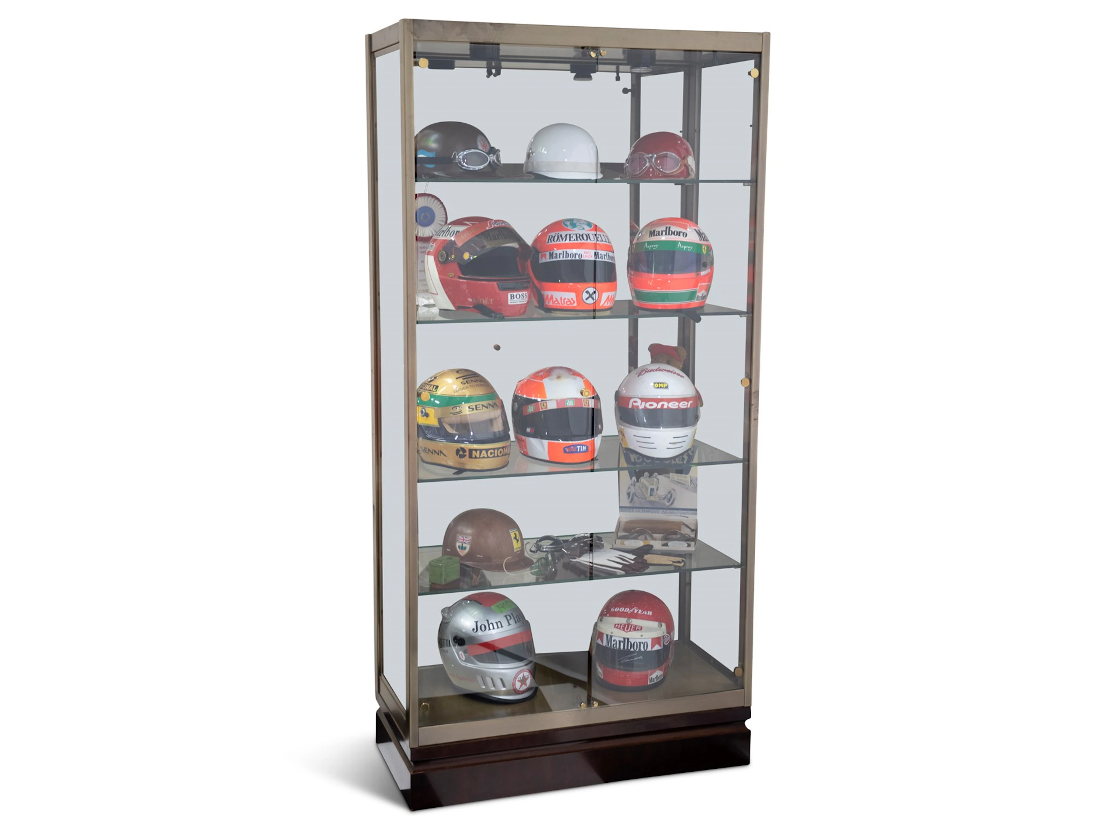Vintage and Modern Racing Helmets with Cabinet