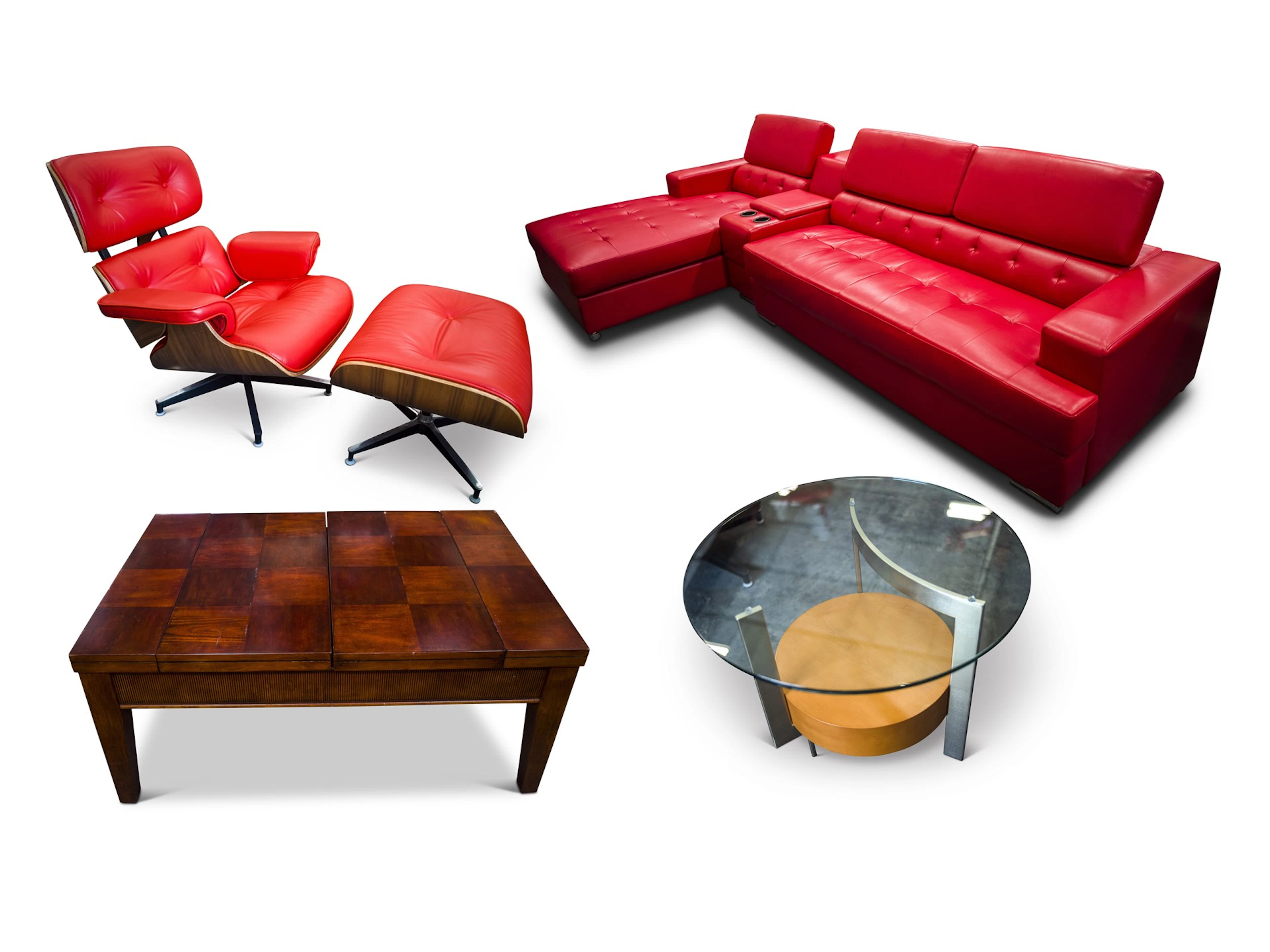 Red Leather Living Room Set with Chair, Ottoman, Coffee Table, and Side Table