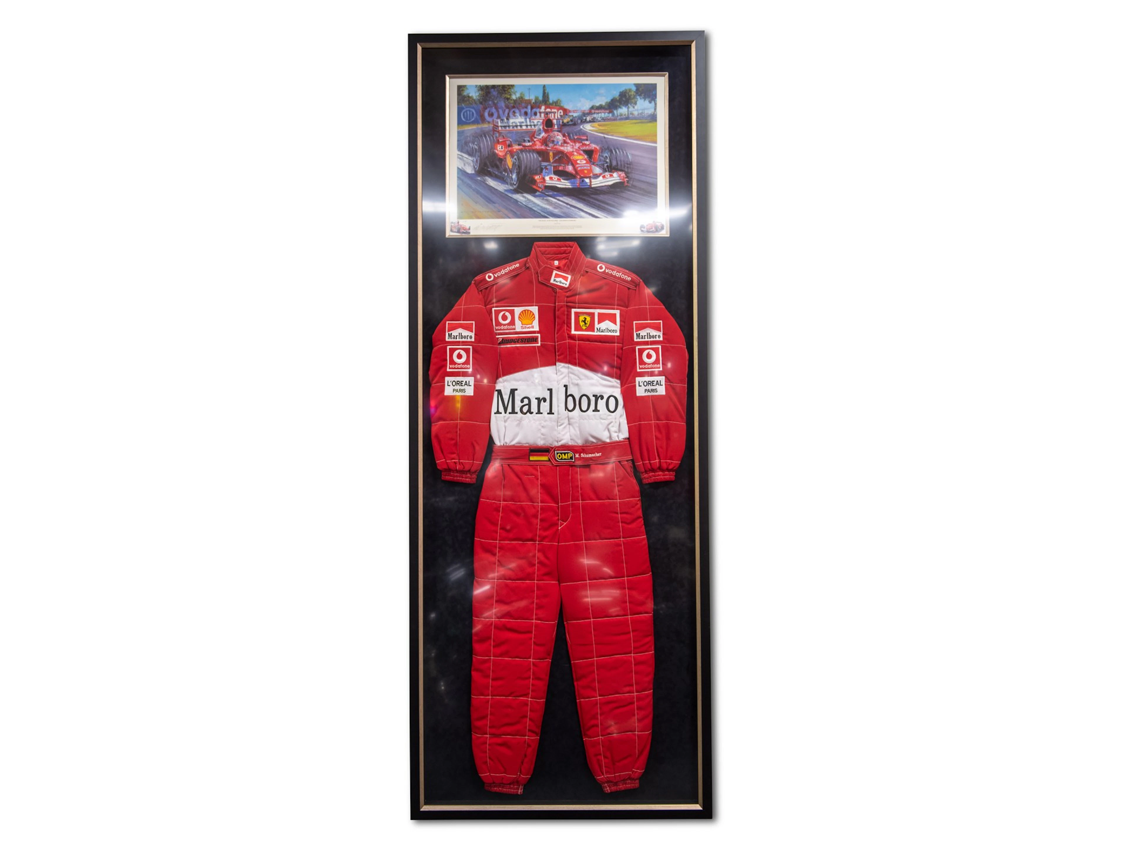 Michael Schumacher Scuderia Ferrari Replica Race Suit Framed with Lithograph