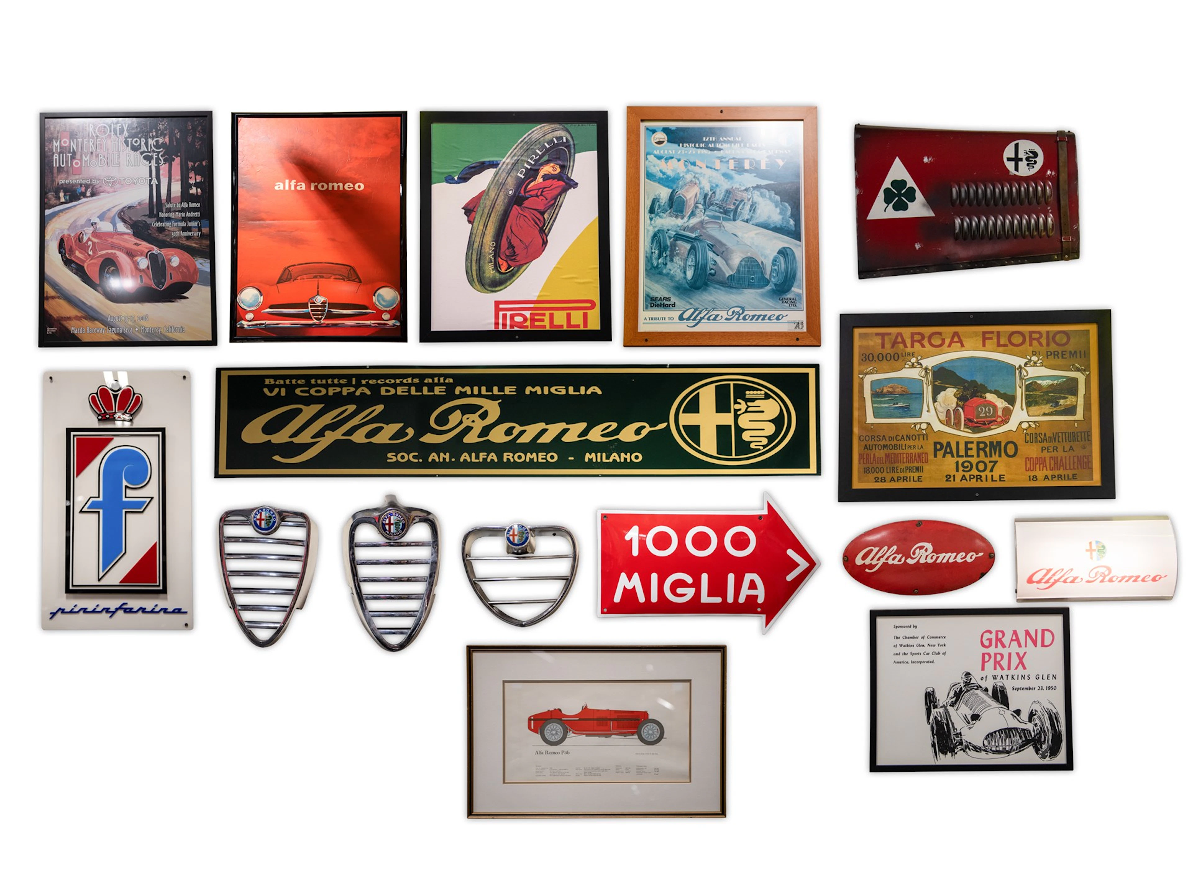 Collection of Italian Marque Posters, Signs, Artworks, and Grilles