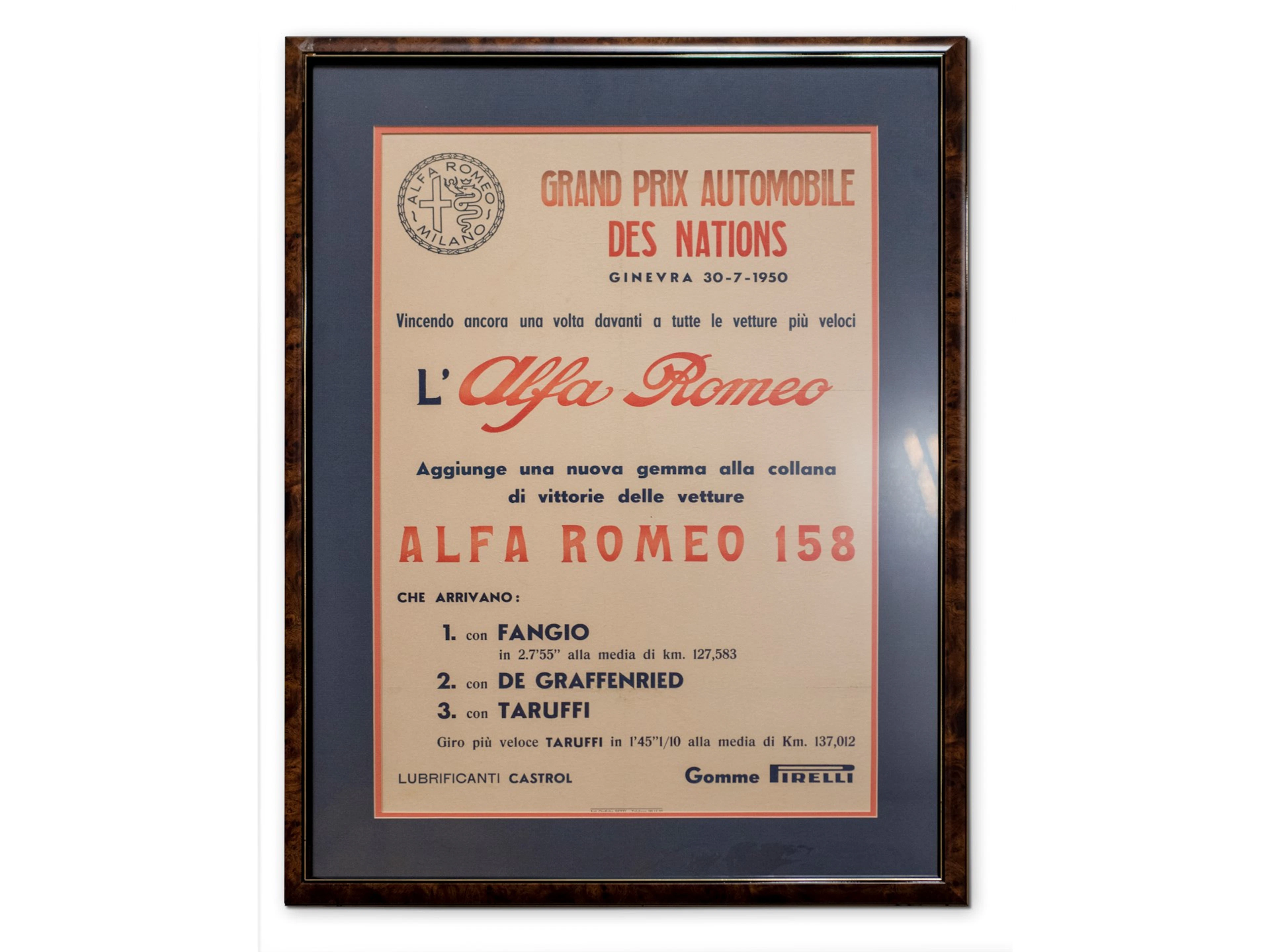 1950 Grand Prix of Nations Alfa Romeo and Pirelli Framed Event Poster