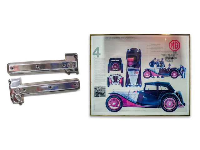 Pair of Polished MG Twin Cam Valve Covers with MG TC Framed Poster