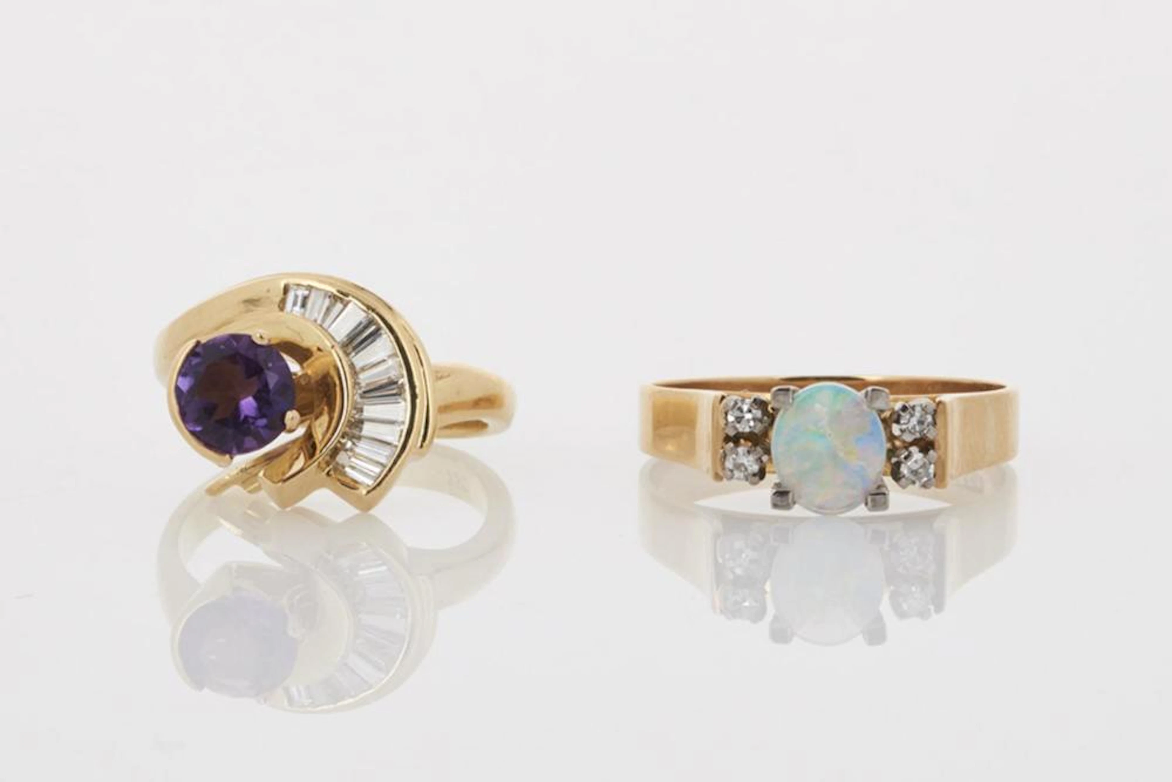 Two gold Opal and Amethyst Rings