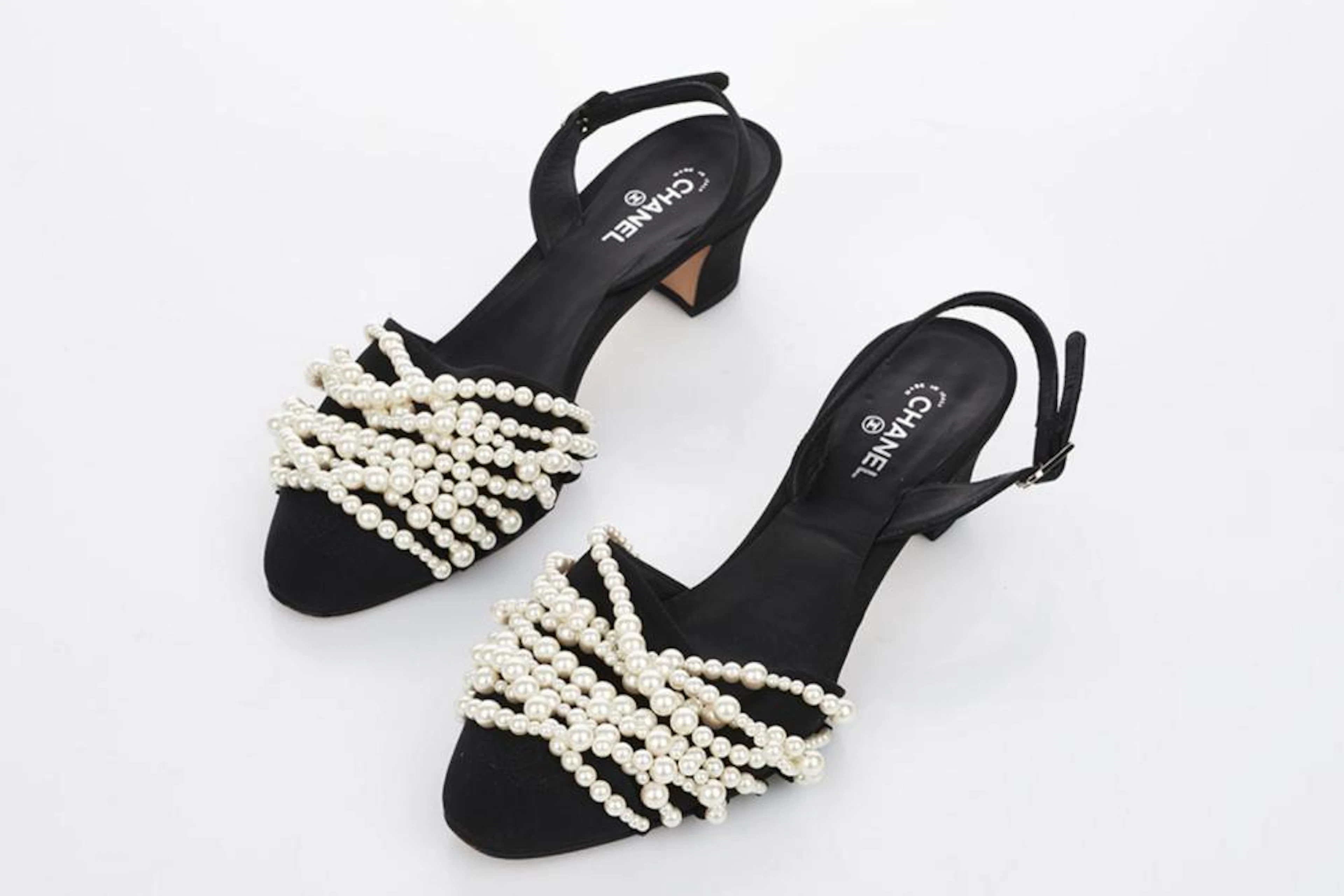 Chanel Black Canvas Pearl Heels