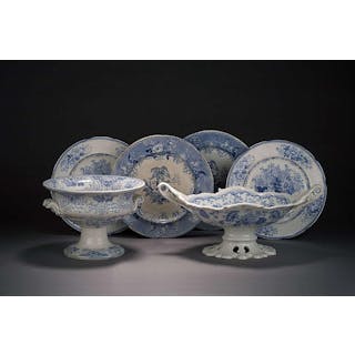 SIX STAFFORDSHIRE BLUE TRANSFER-PRINTED WARES, MID- TO LATE-NINETEENTH CENTURY.