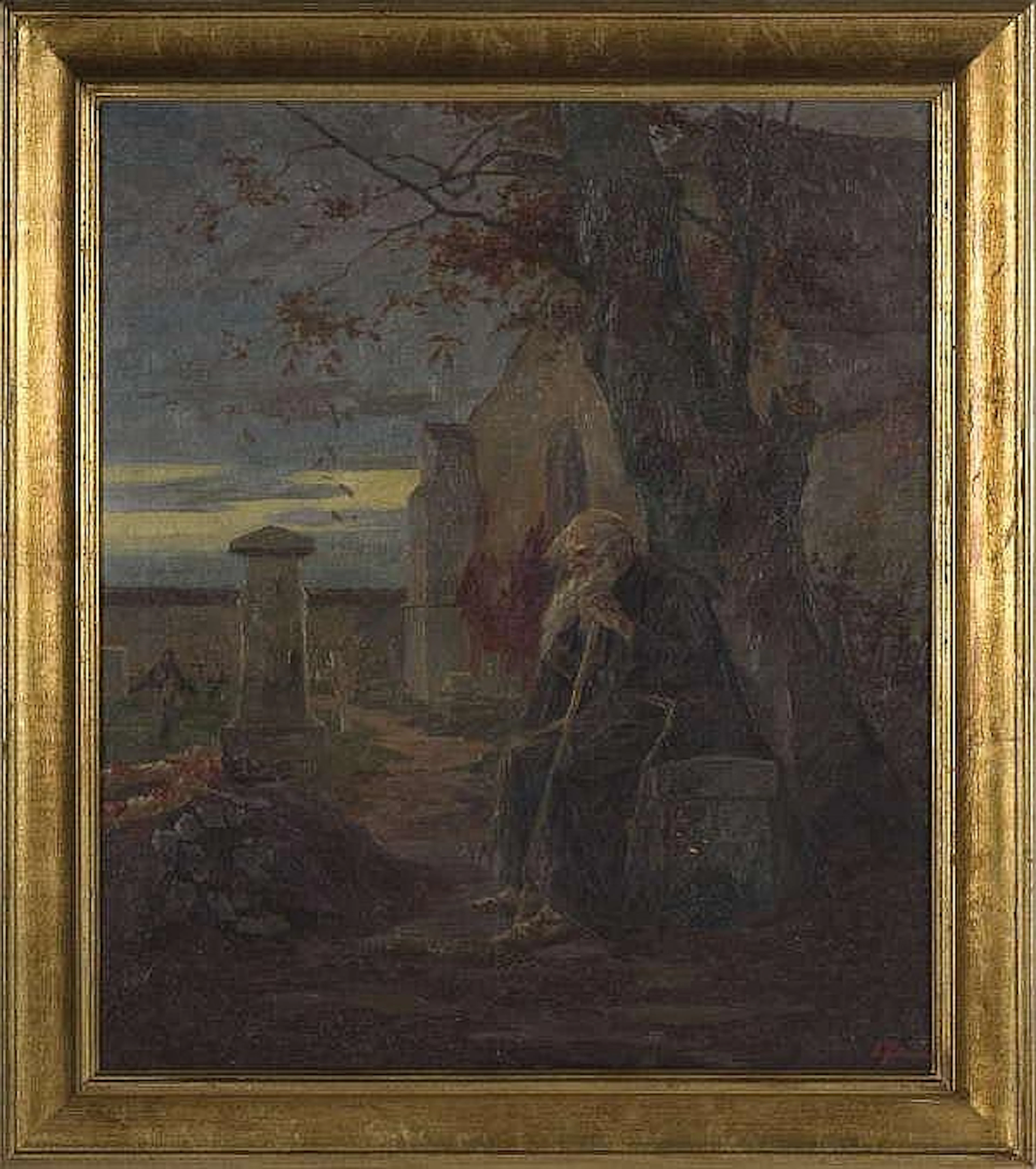 EITEL KLEIN (GERMAN 1906-1990). ELDERLY MONK SEATED IN A CHURCHYARD.