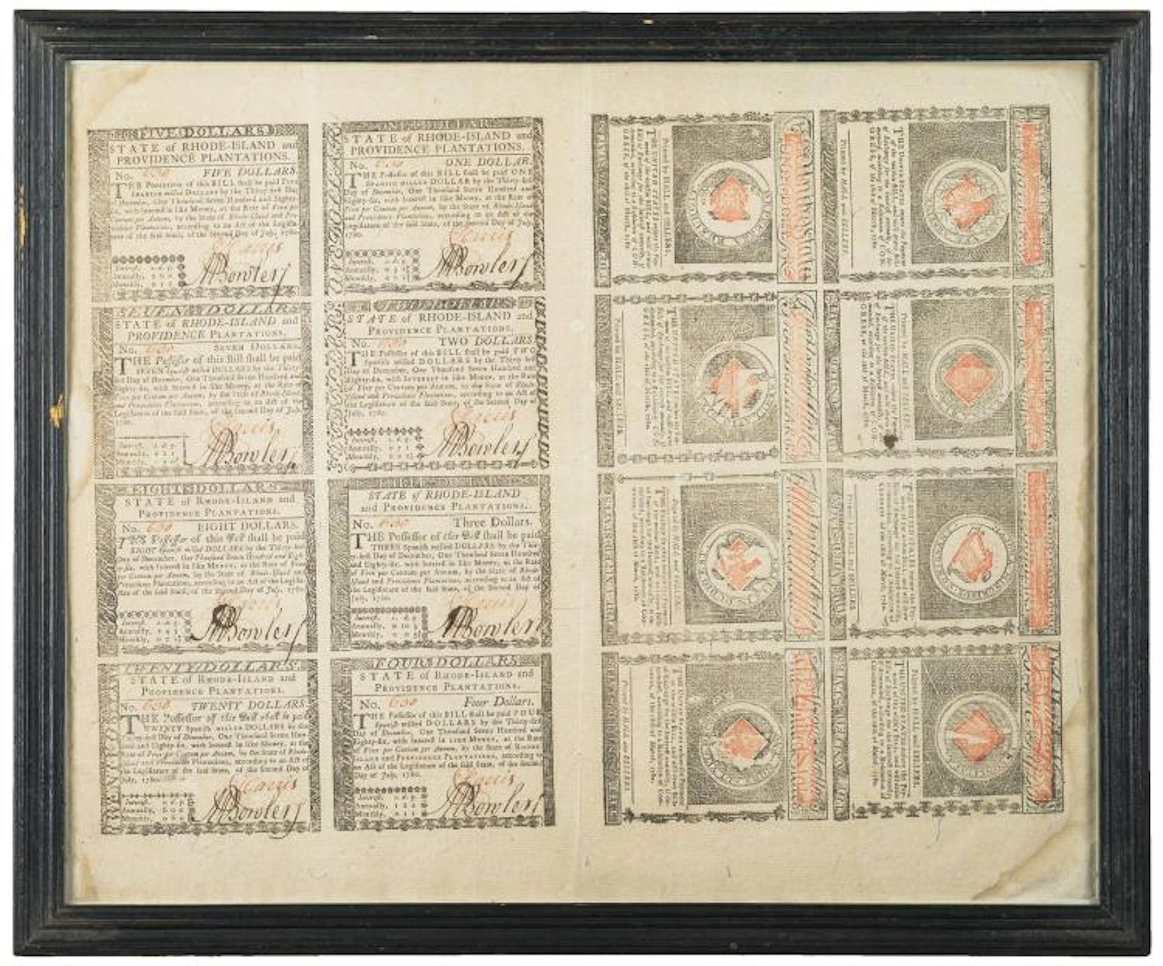 SHEET OF CONTINENTAL CURRENCY ISSUED BY THE STATE OF RHODE ISLAND, JULY 2, 1780.