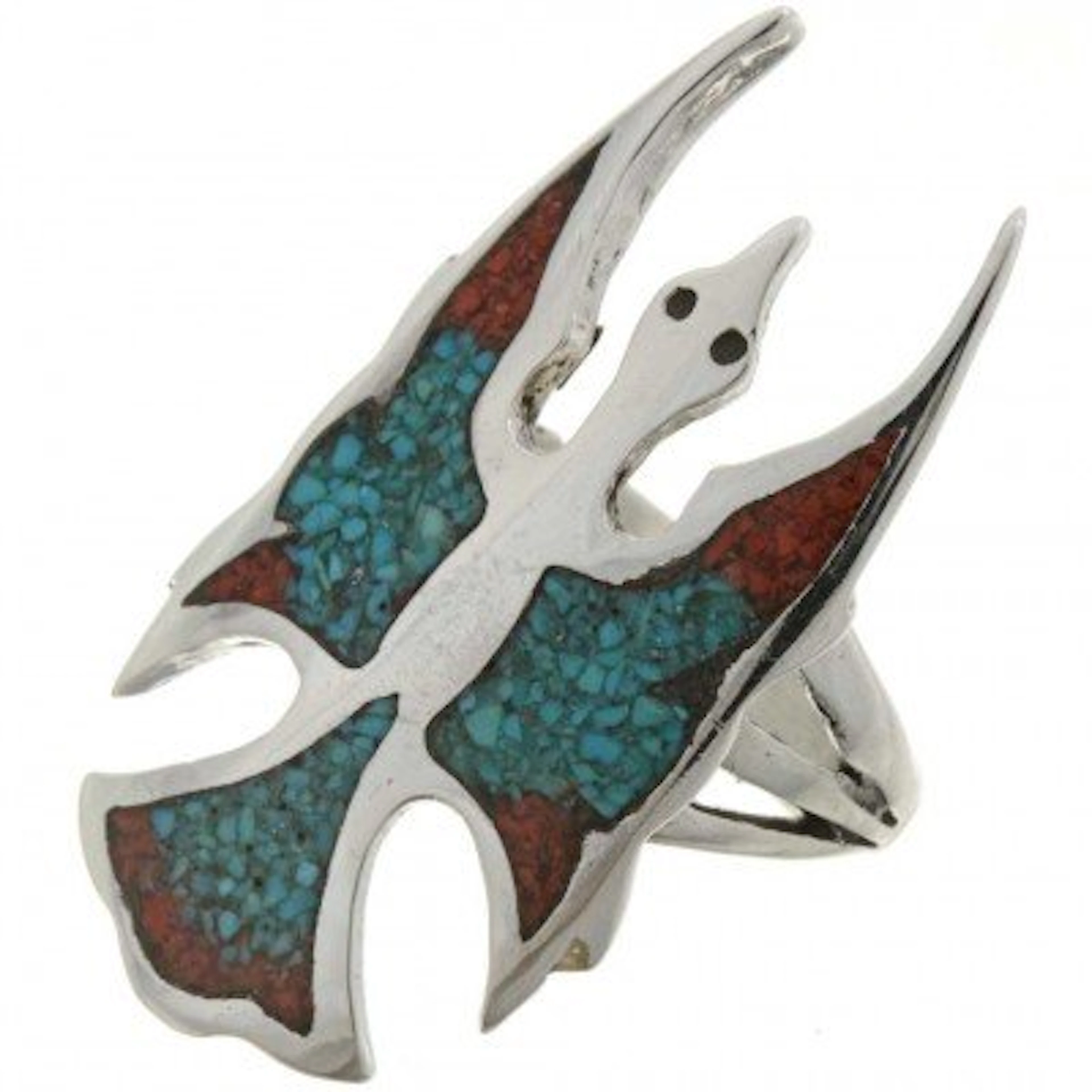 Peyote Bird Turquoise Coral Ring Navajo Ladies Sterling Inlay