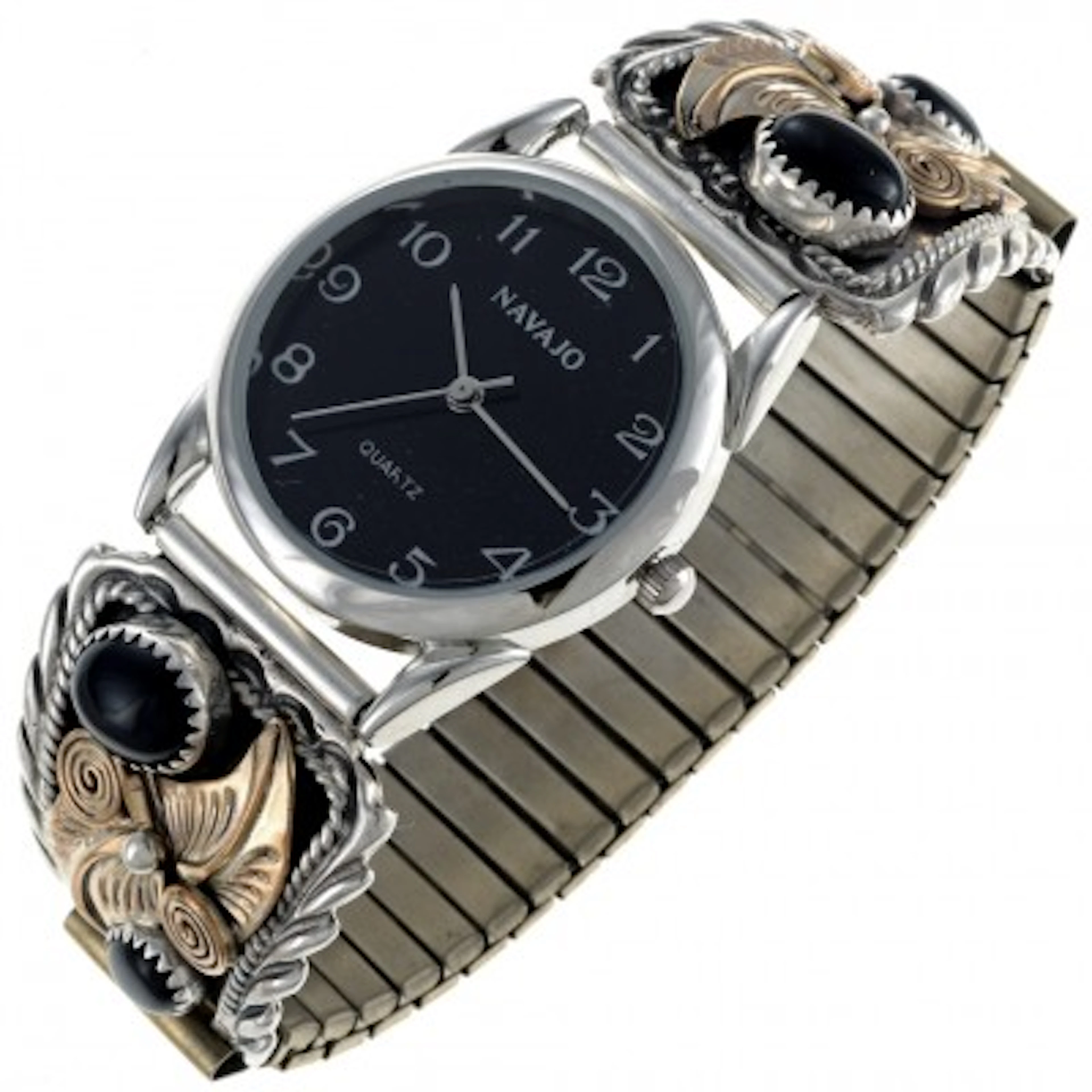 Handmade Onyx Mens Watch Gold Silver Navajo Made Tips