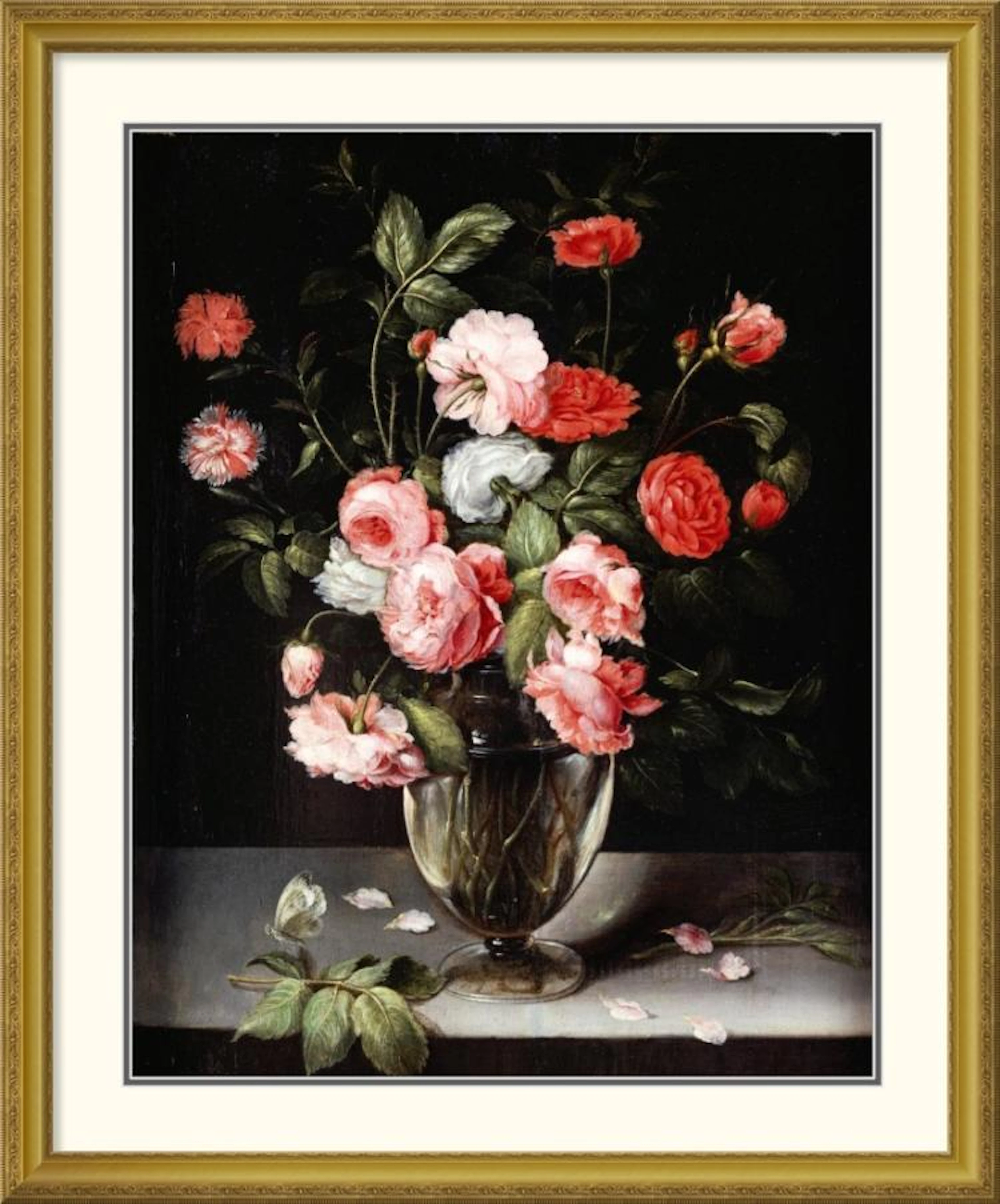 AMBROSIUS BRUEGHEL - ROSES AND CARNATIONS IN A GLASS VASE ON A STONE LEDGE