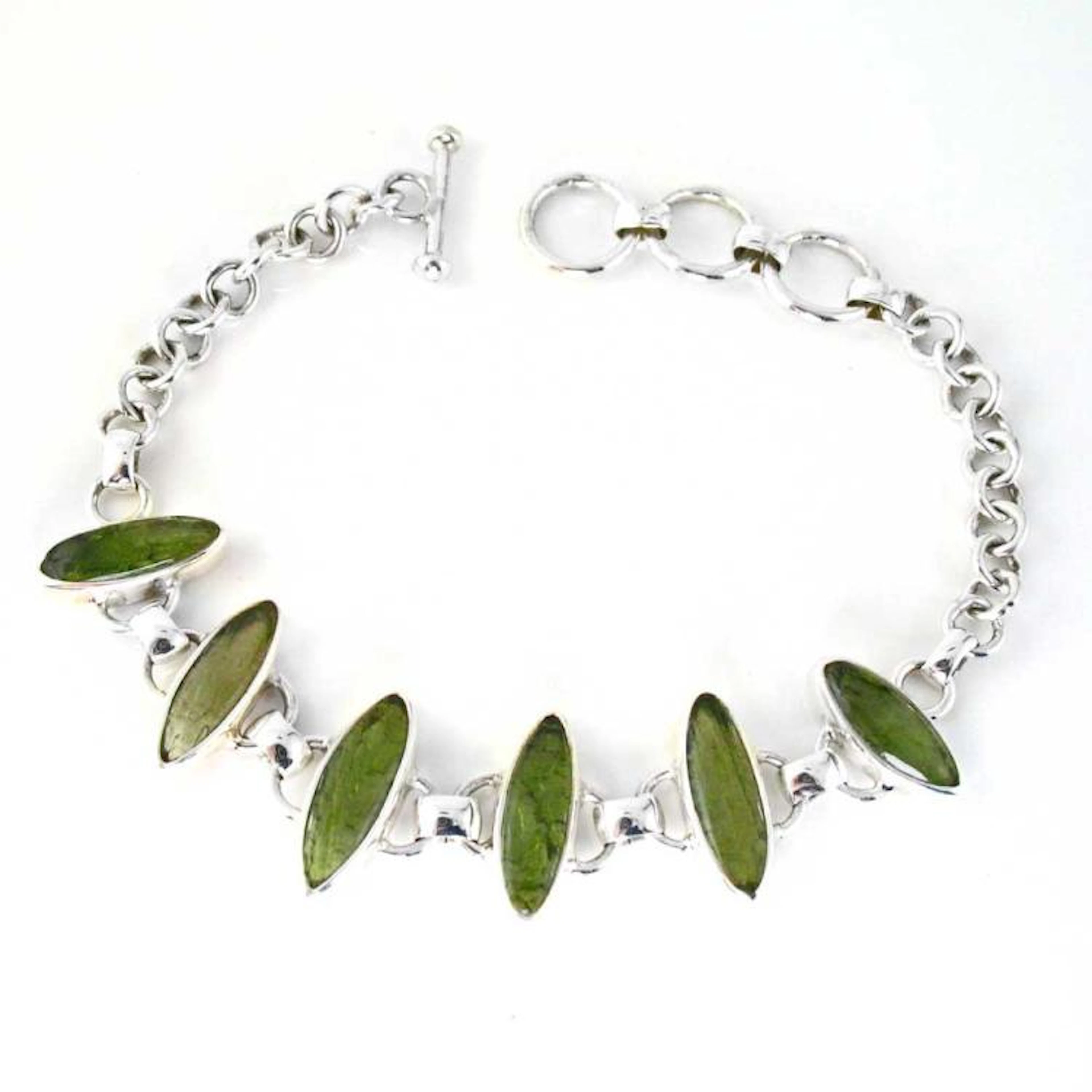 Polished Moldavites in a Silver Bracelet