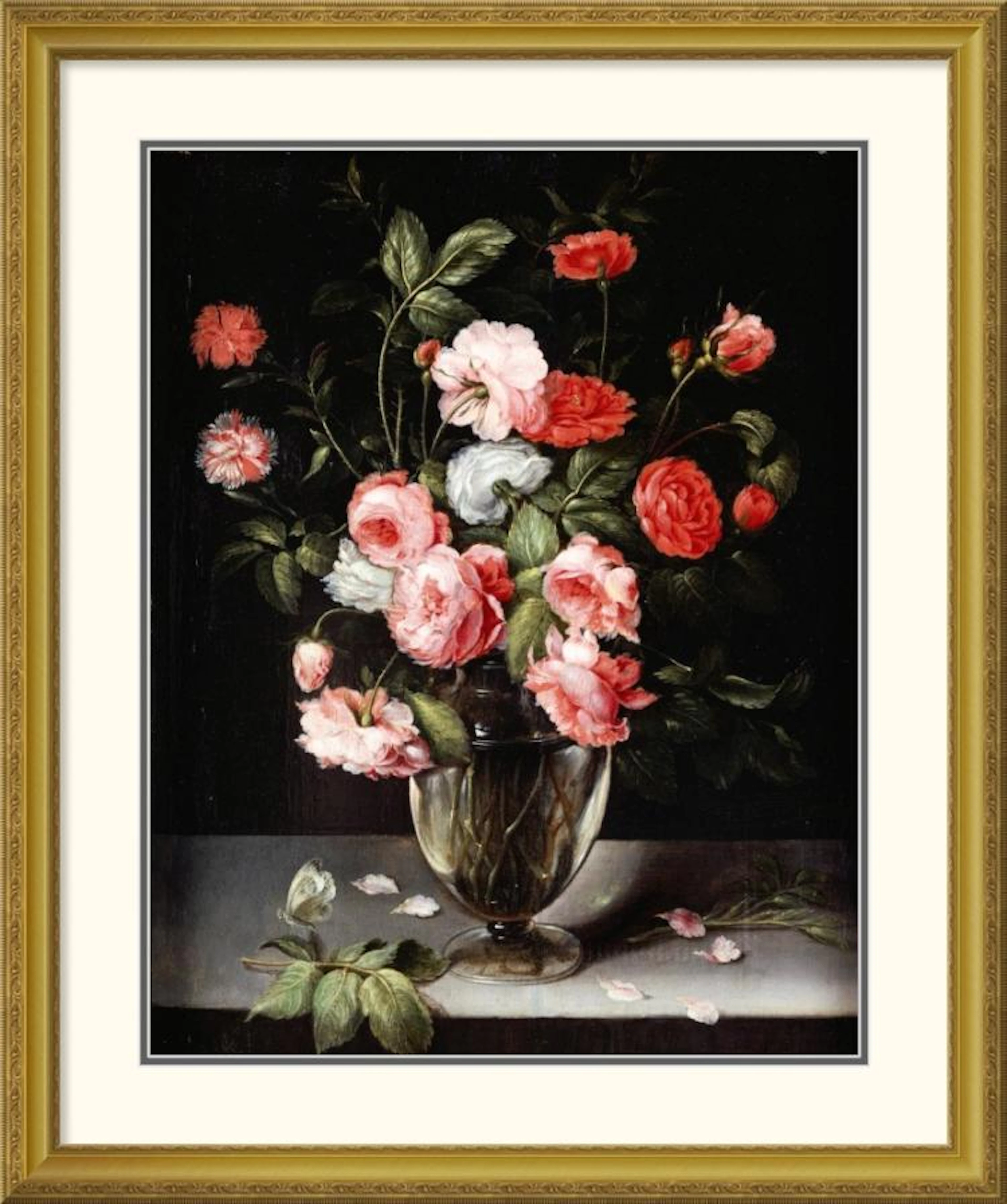 Ambrosius Brueghel - Roses and Carnations In a Glass Vase On a Stone Ledge