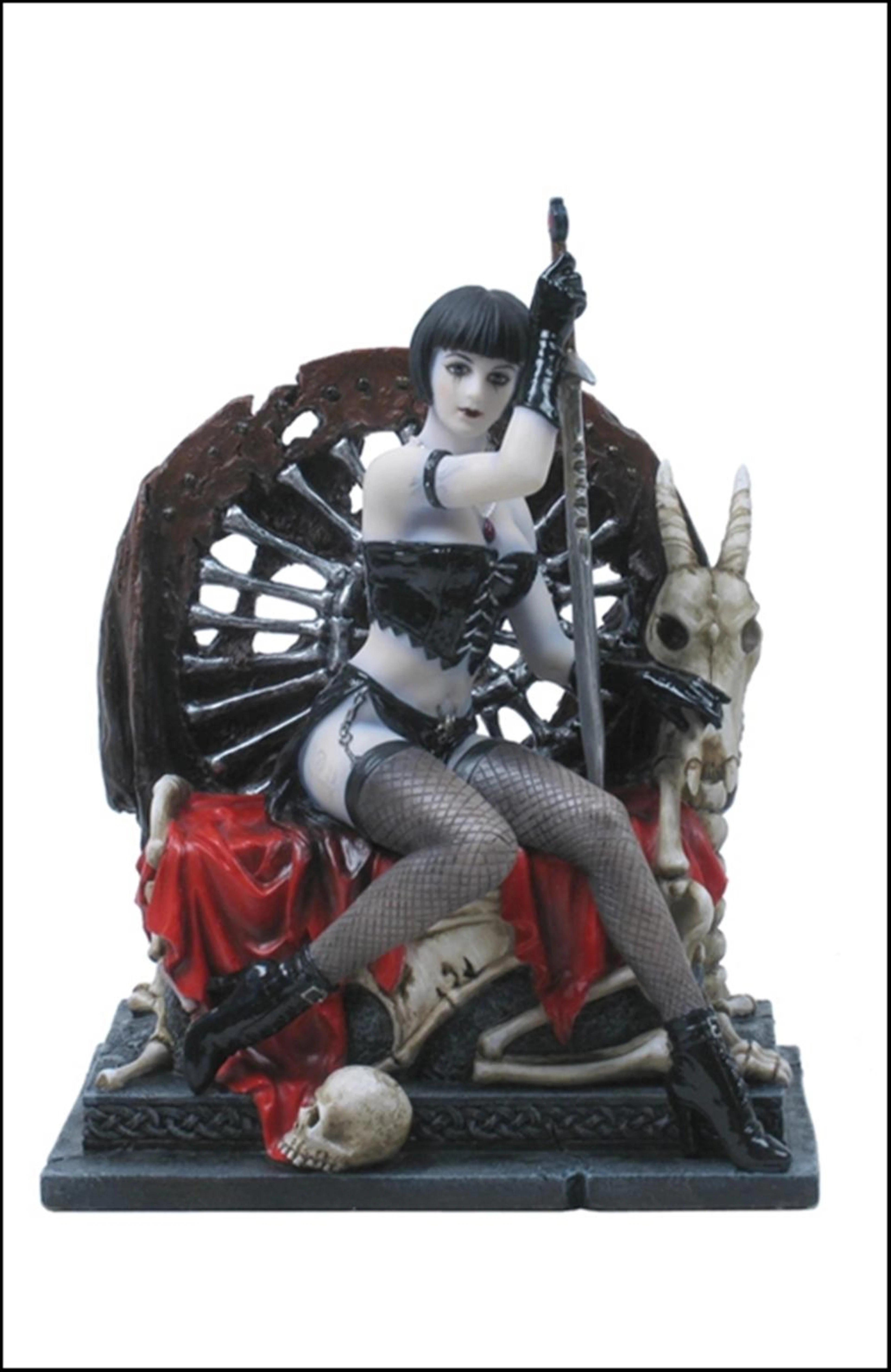 FEMALE WARRIOR SITTING ON SKULL THRONE