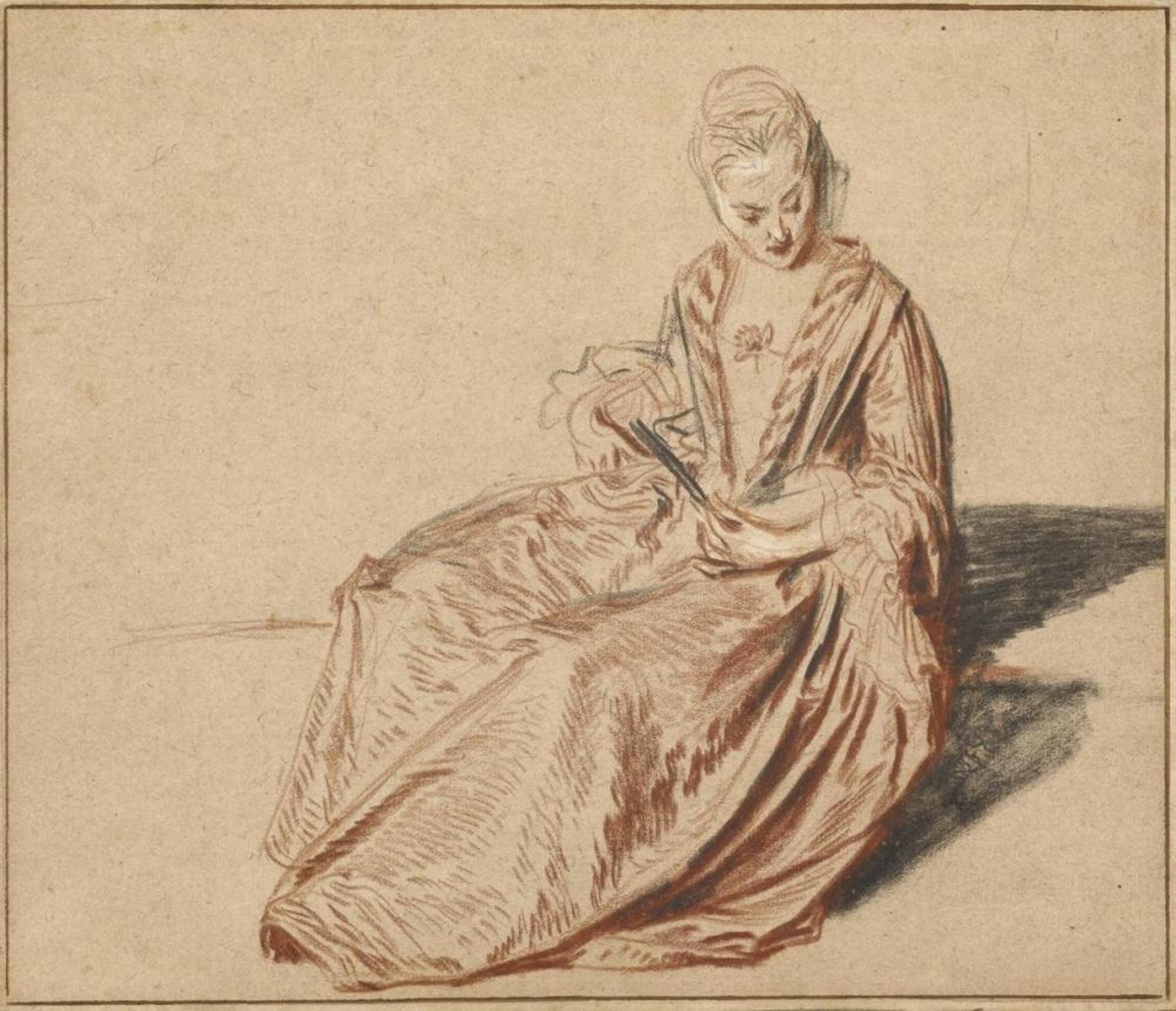 JEAN-ANTOINE WATTEAU - SEATED WOMAN WITH A FAN