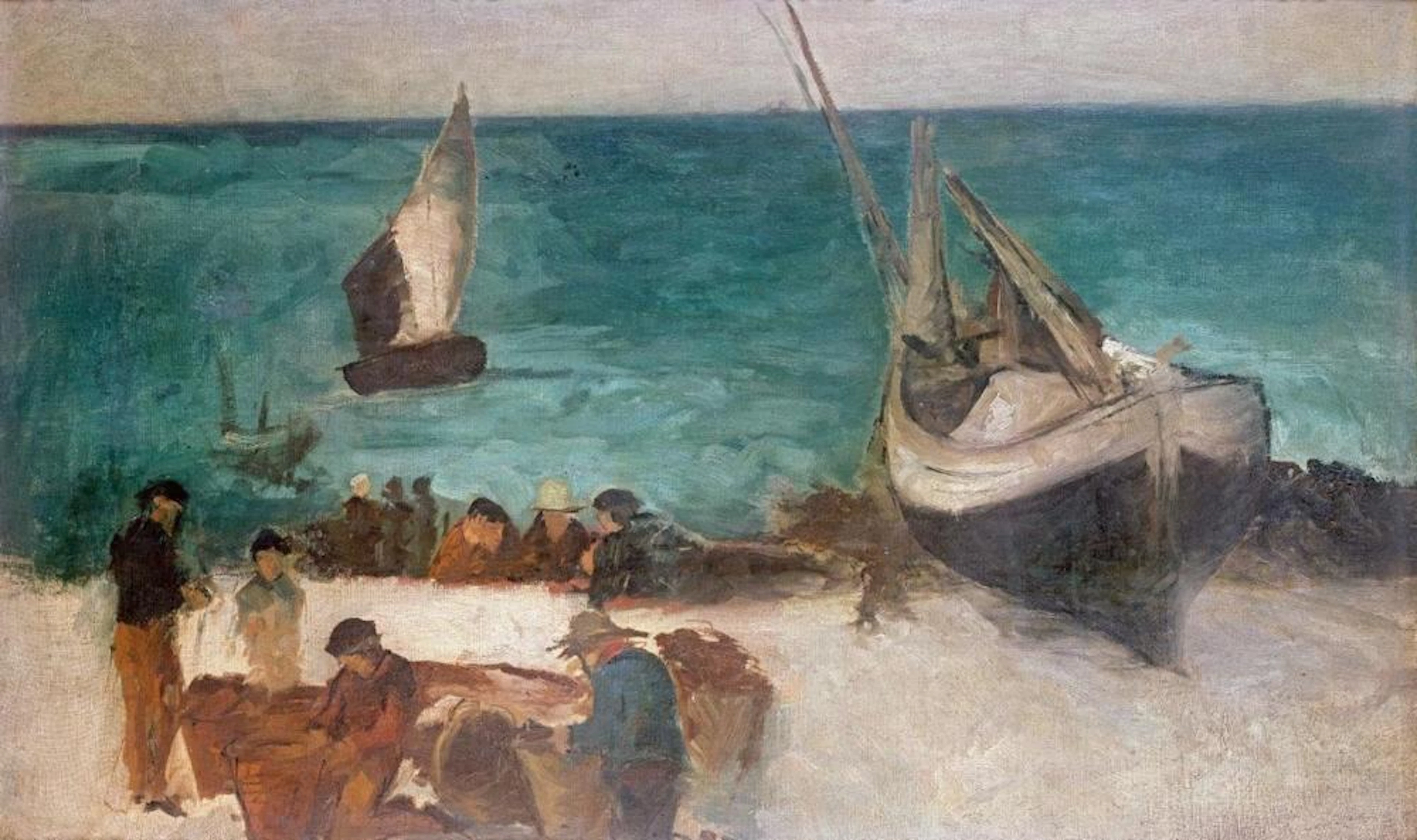 EDOUARD MANET - SEASCAPE AT BERCK; FISHING BOATS AND FISHERMEN