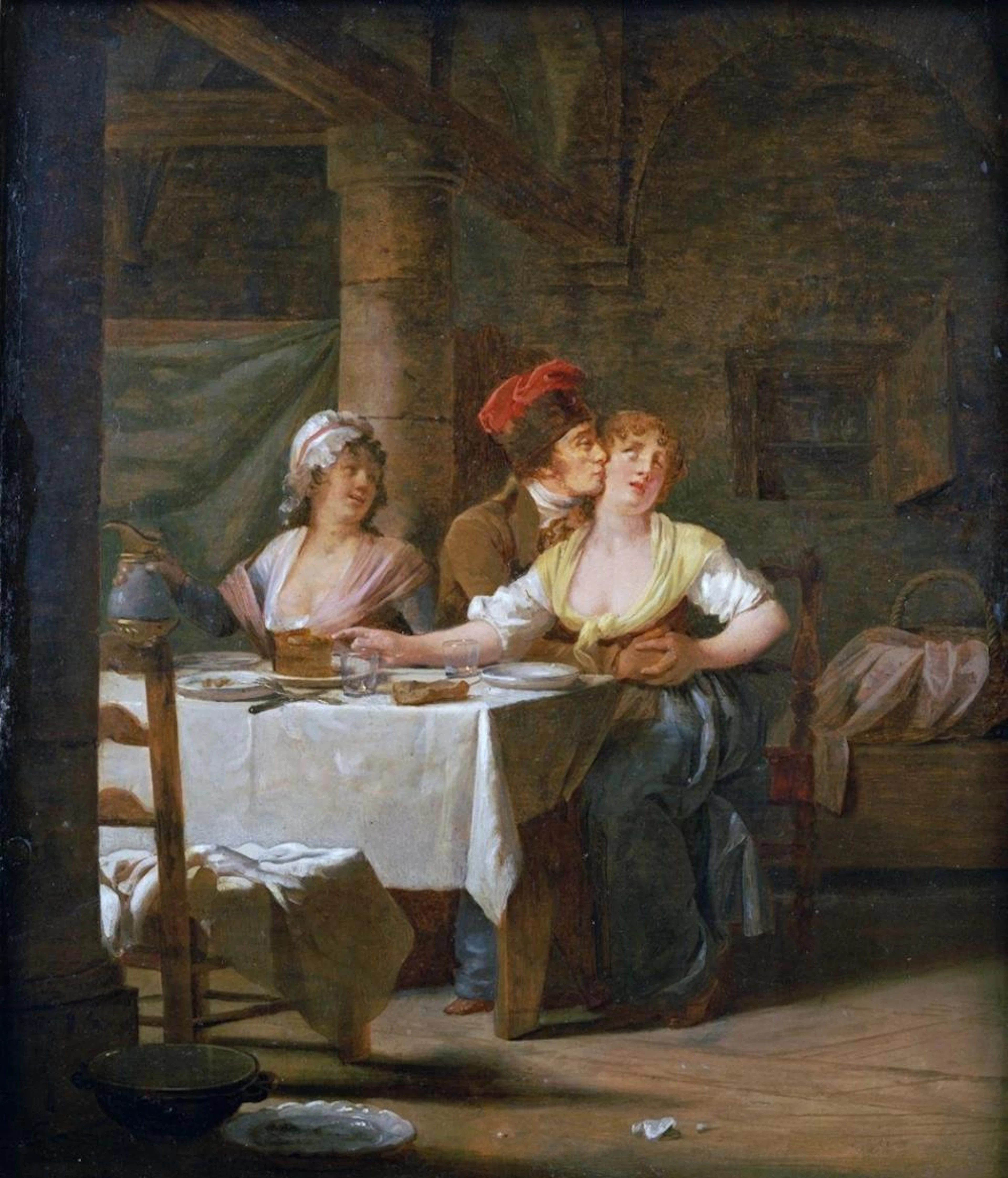 MICHEL-MARTIN DROLLING A MAN EMBRACING A YOUNG WOMAN AT TABLE