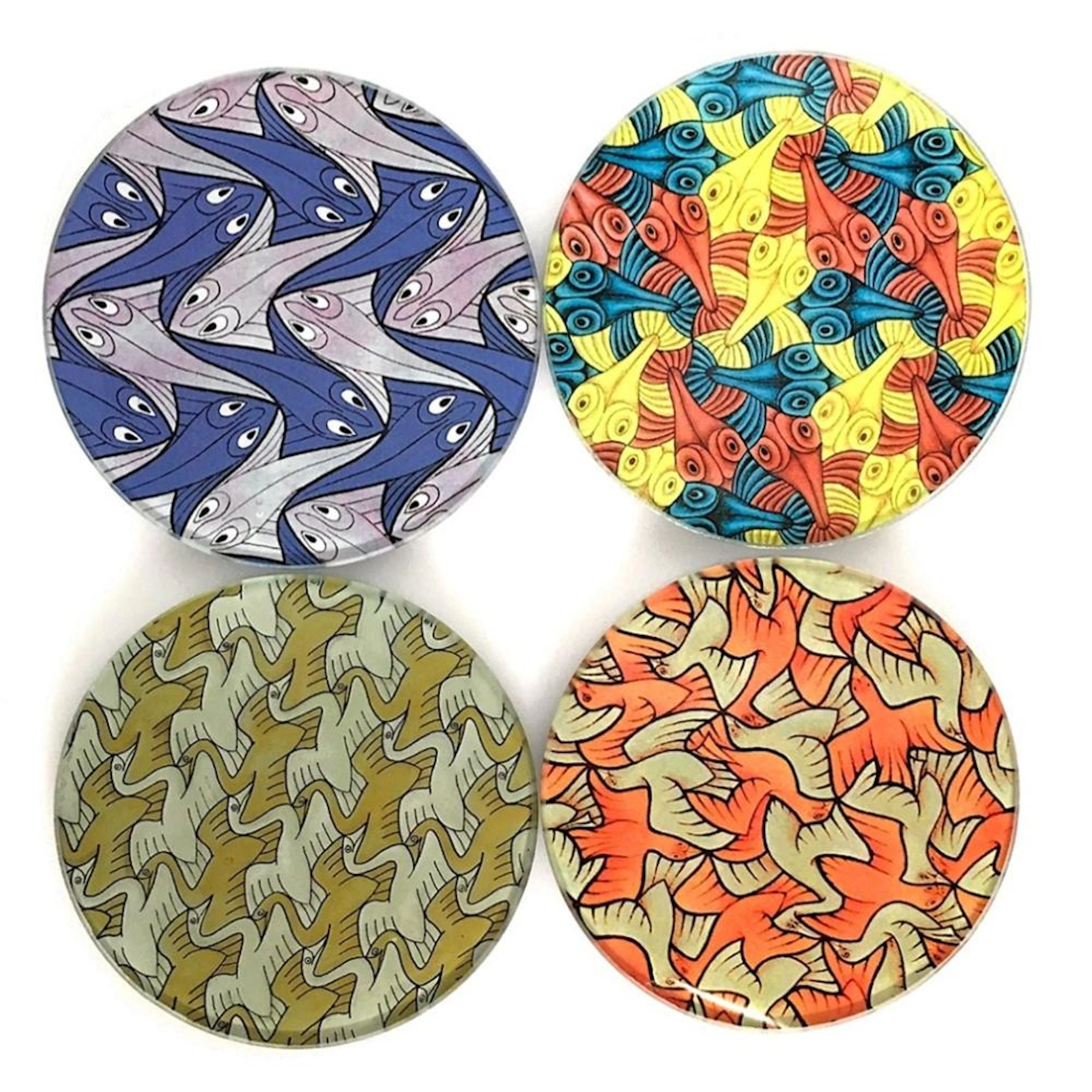Escher Symmetry Birds Fish Geometric Bar Drink Glass Coasters Set of 4