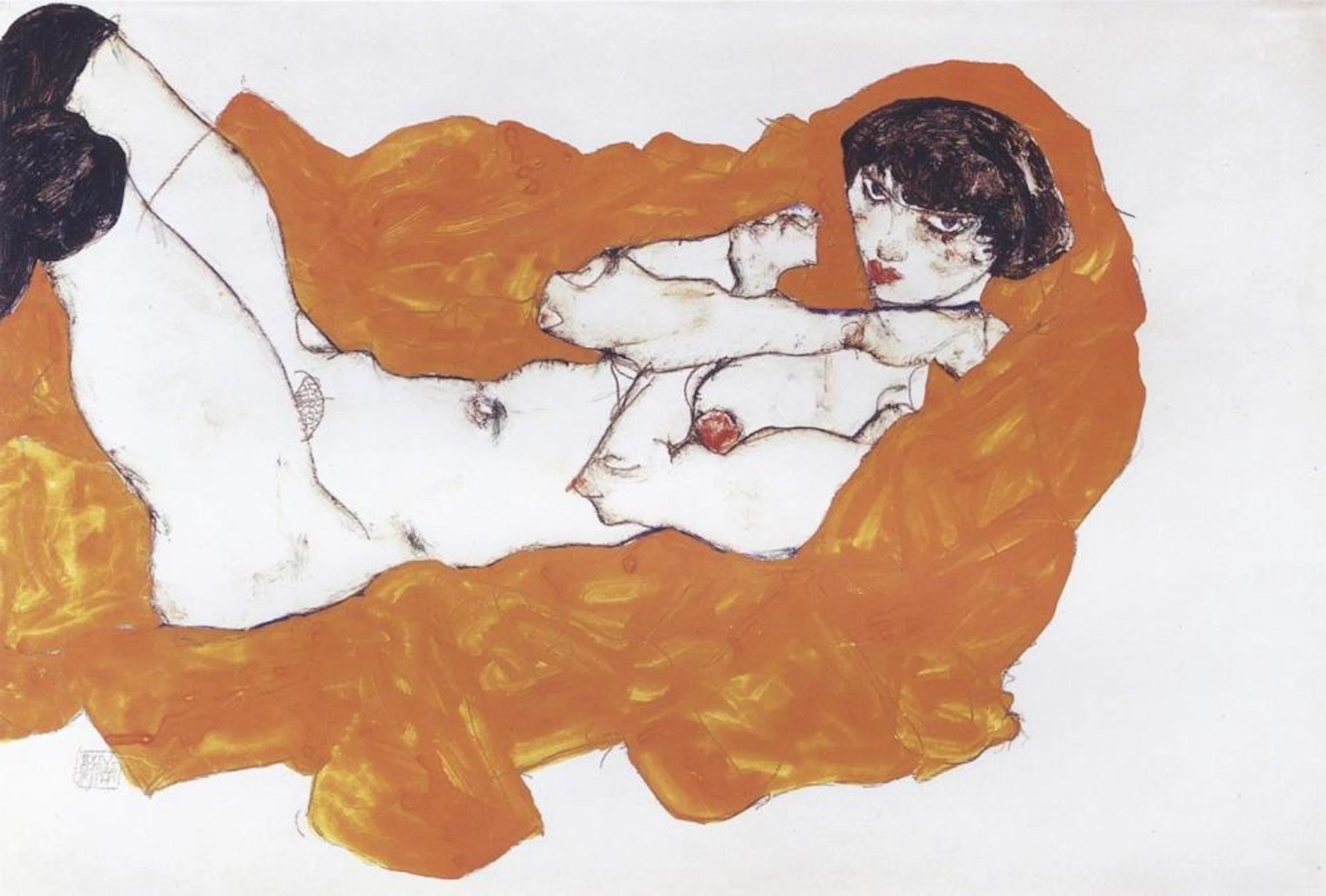 EGON SCHIELE - RECLINING FEMALE NUDE ON RED DRAPE