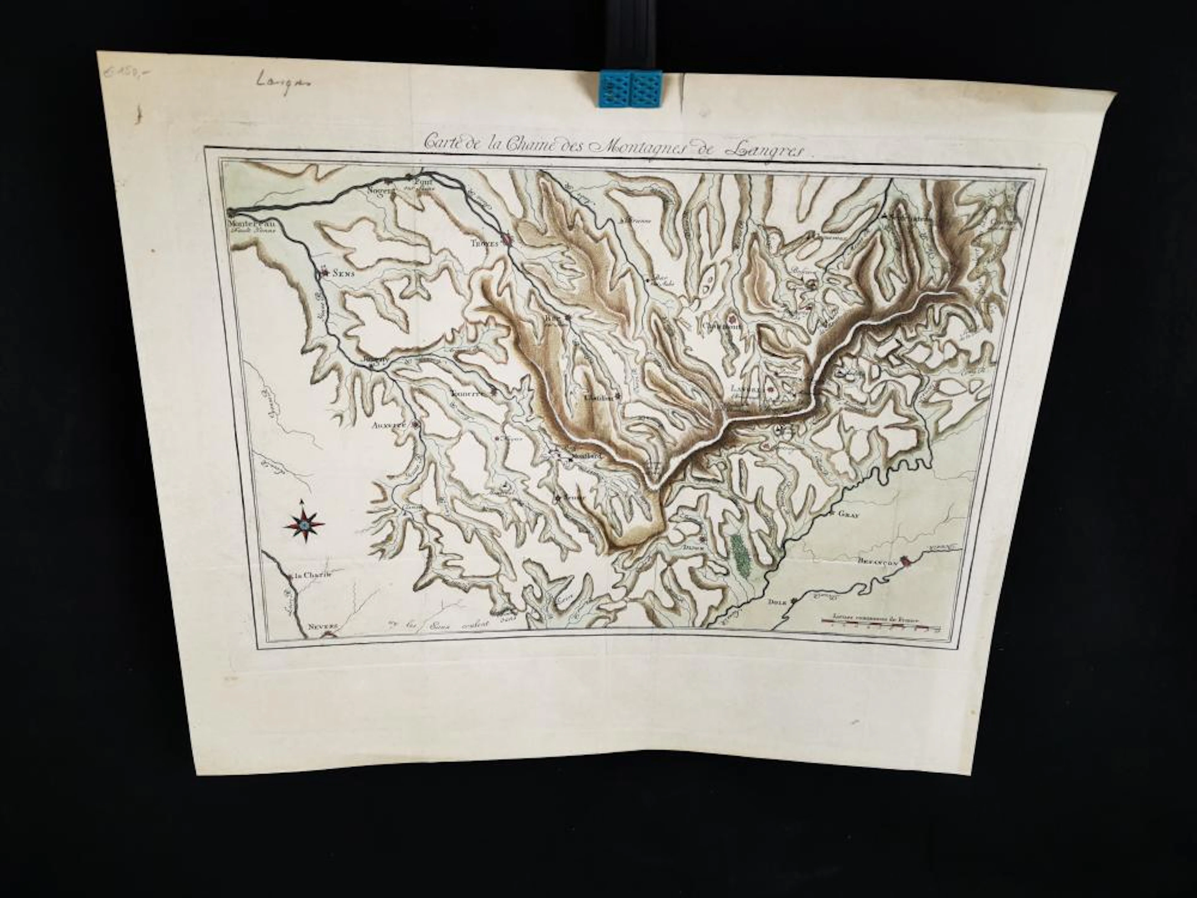 HAUTE MARNE. Carte de la chaine des montagnes de Langres. Eau forte réhauss
