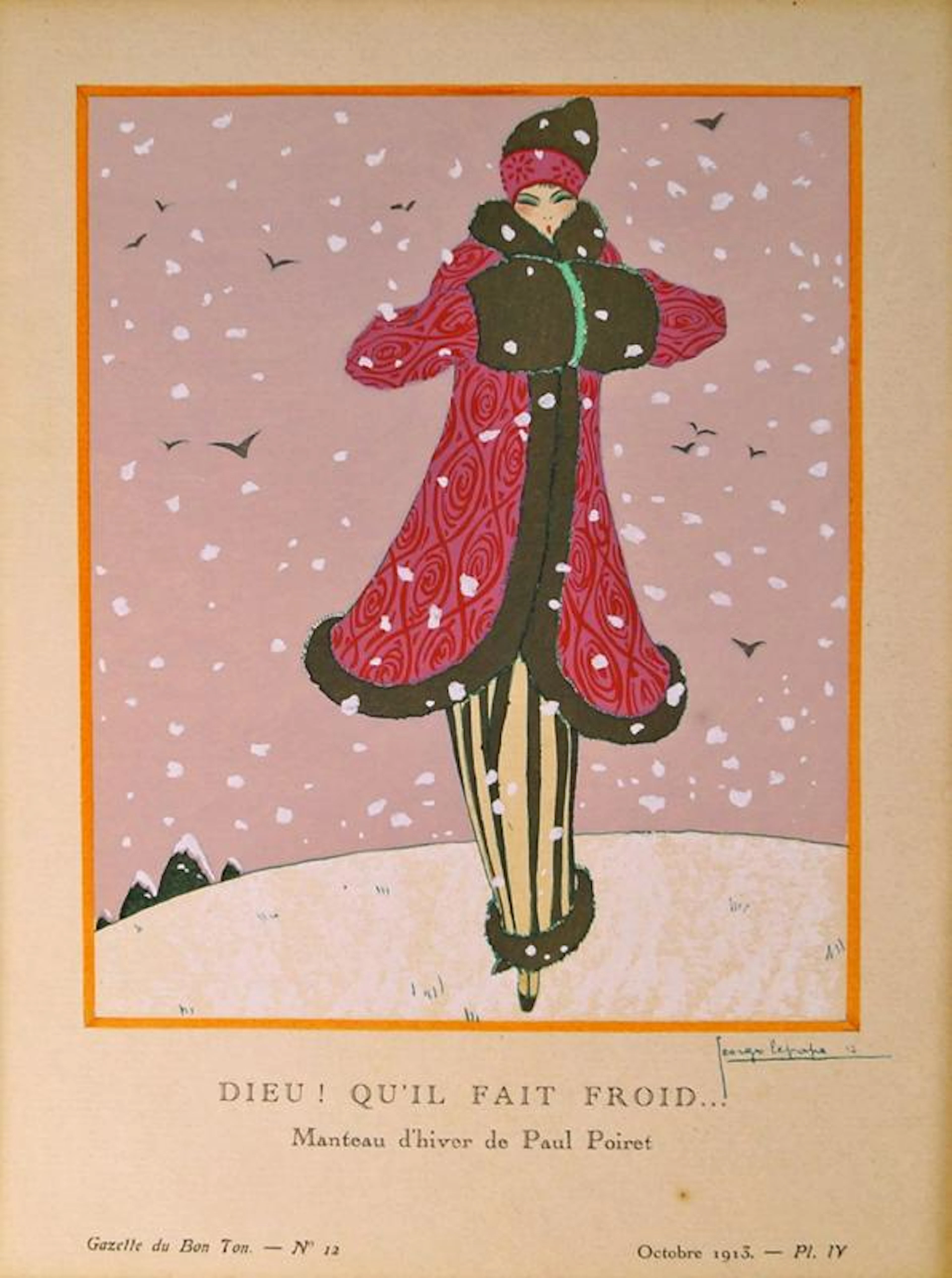 A Georges Lepape pochoir, 1913, of a Paul Poiret winter coat, 'Dieu!