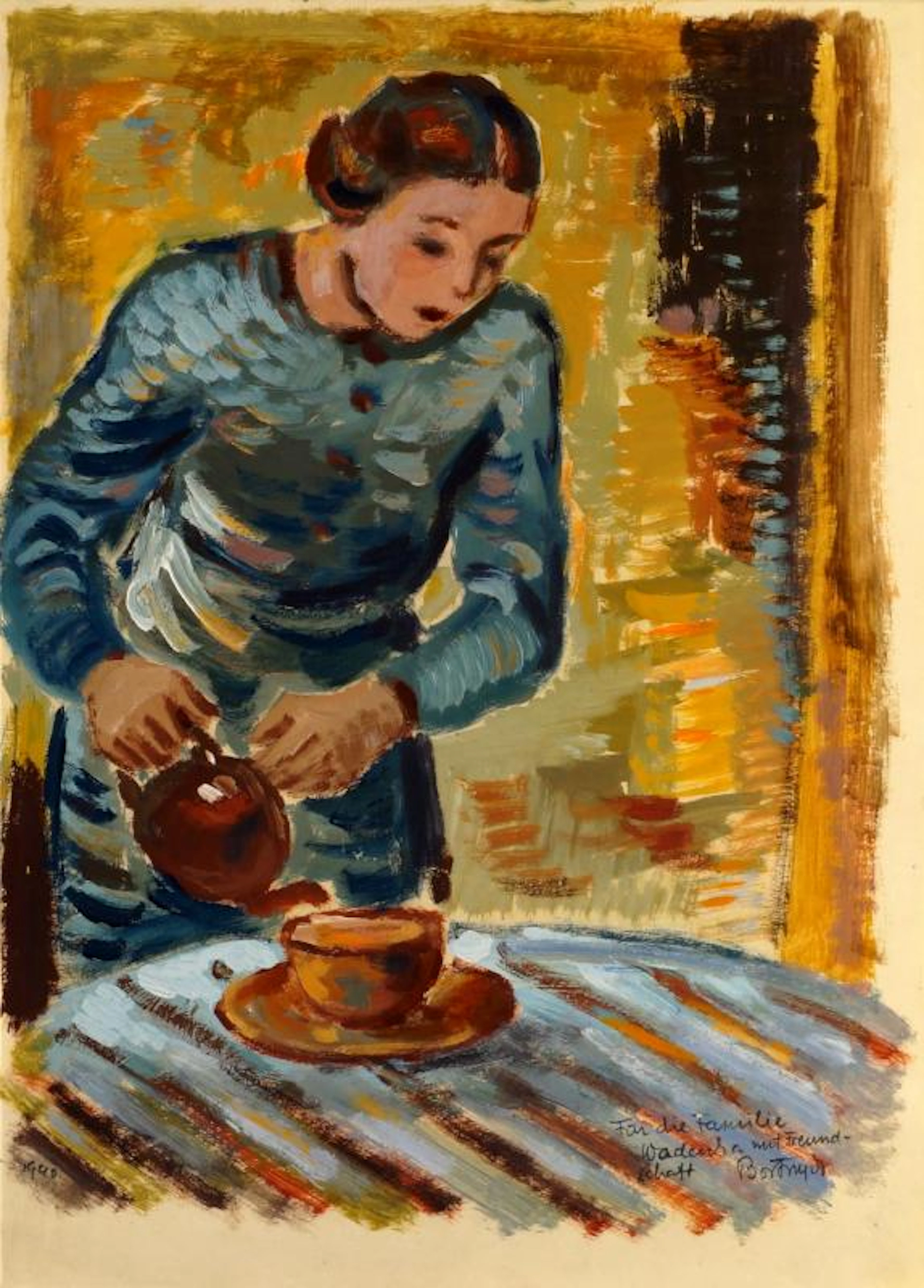 Sándor Bortnyik, Hungarian 1893-1976- Teatime; gouache on paper, signed