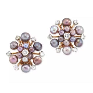 A pair of natural pearl and diamond cluster earrings