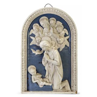 A Florence (Cantagalli) glazed terracotta blue and white arched plaque