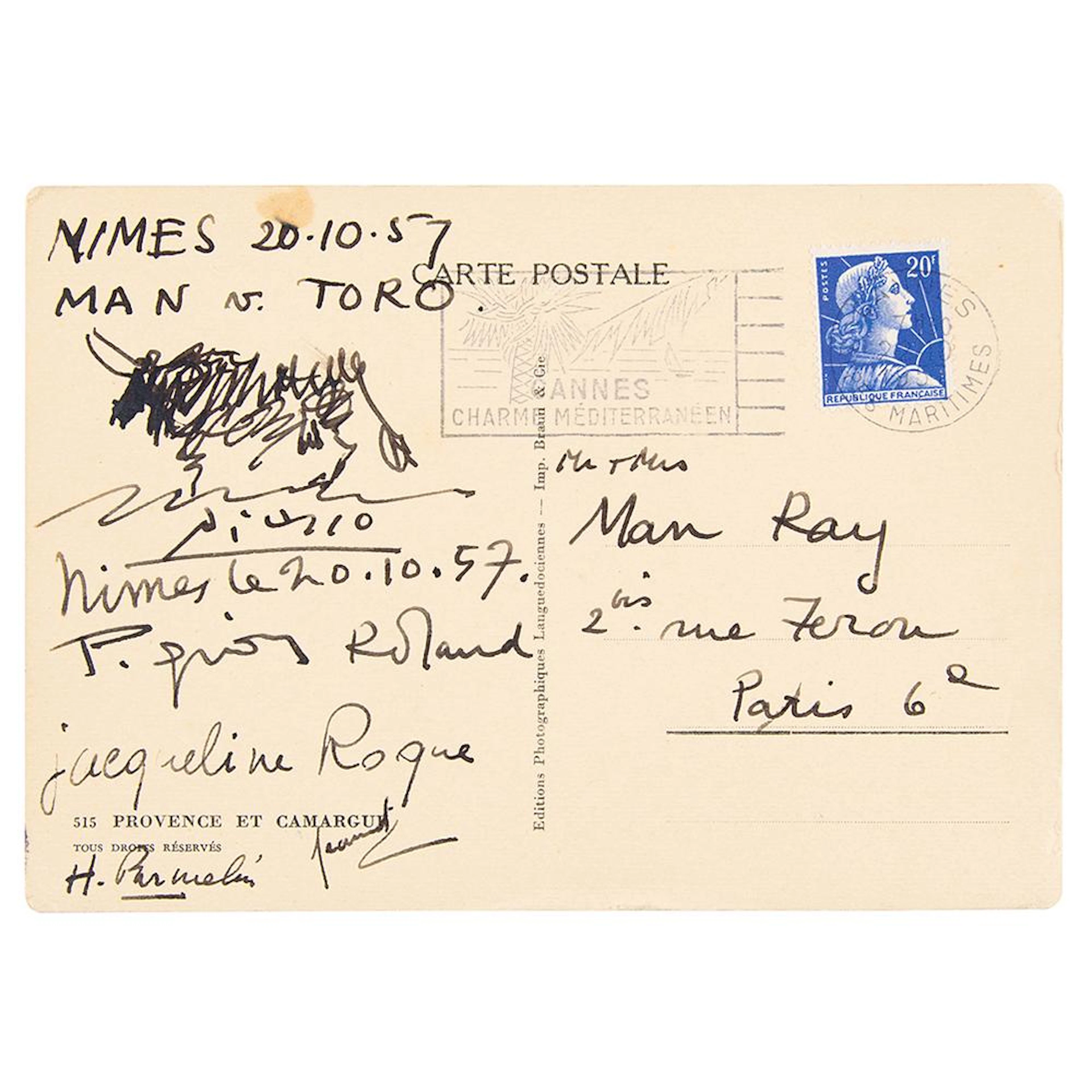 Pablo Picasso Signed Sketch on Postcard to Man Ray