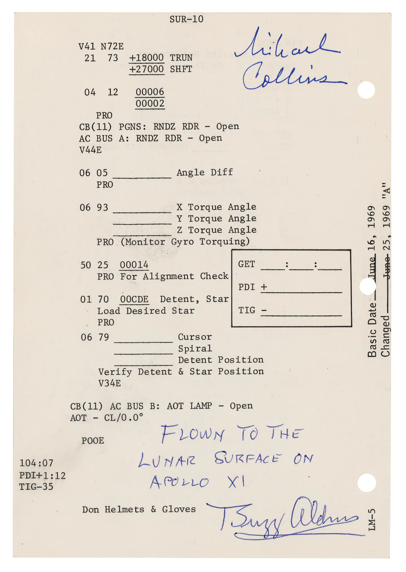 Buzz Aldrin's Apollo 11 Flown LM Lunar Surface Checklist Page | Barnebys