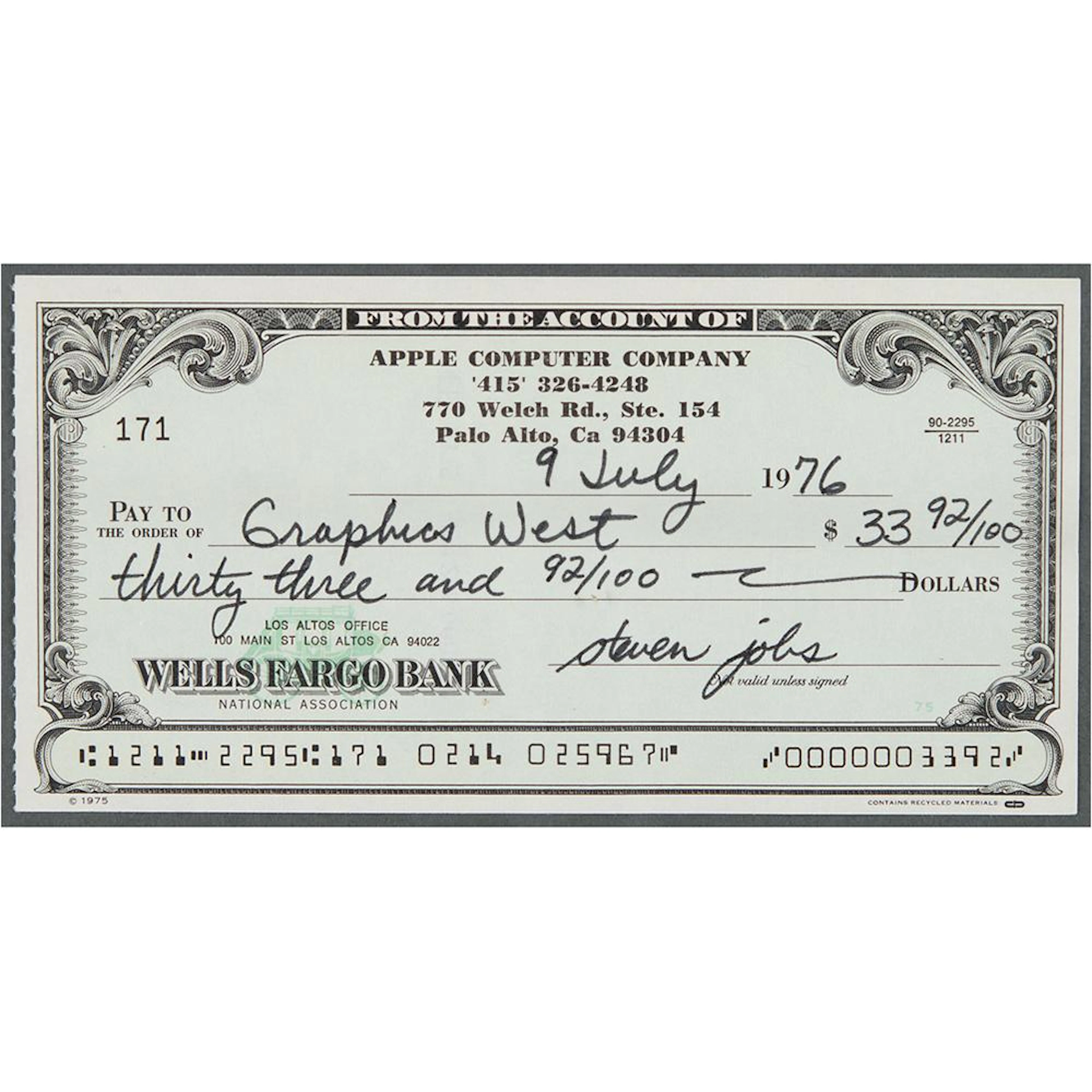 Steve Jobs Signed Apple Computer Company Check to Graphics West (July 9, 1976)