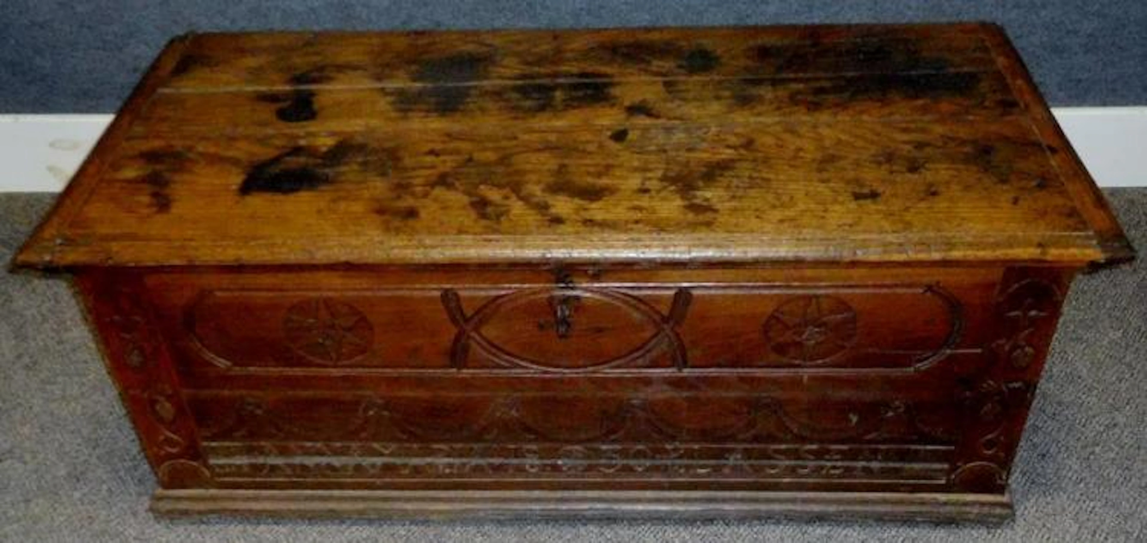 RARE Antique 1830 "ANNA MARIA KLASSEN" Carved Wood Wedding Chest w/ Iron Key