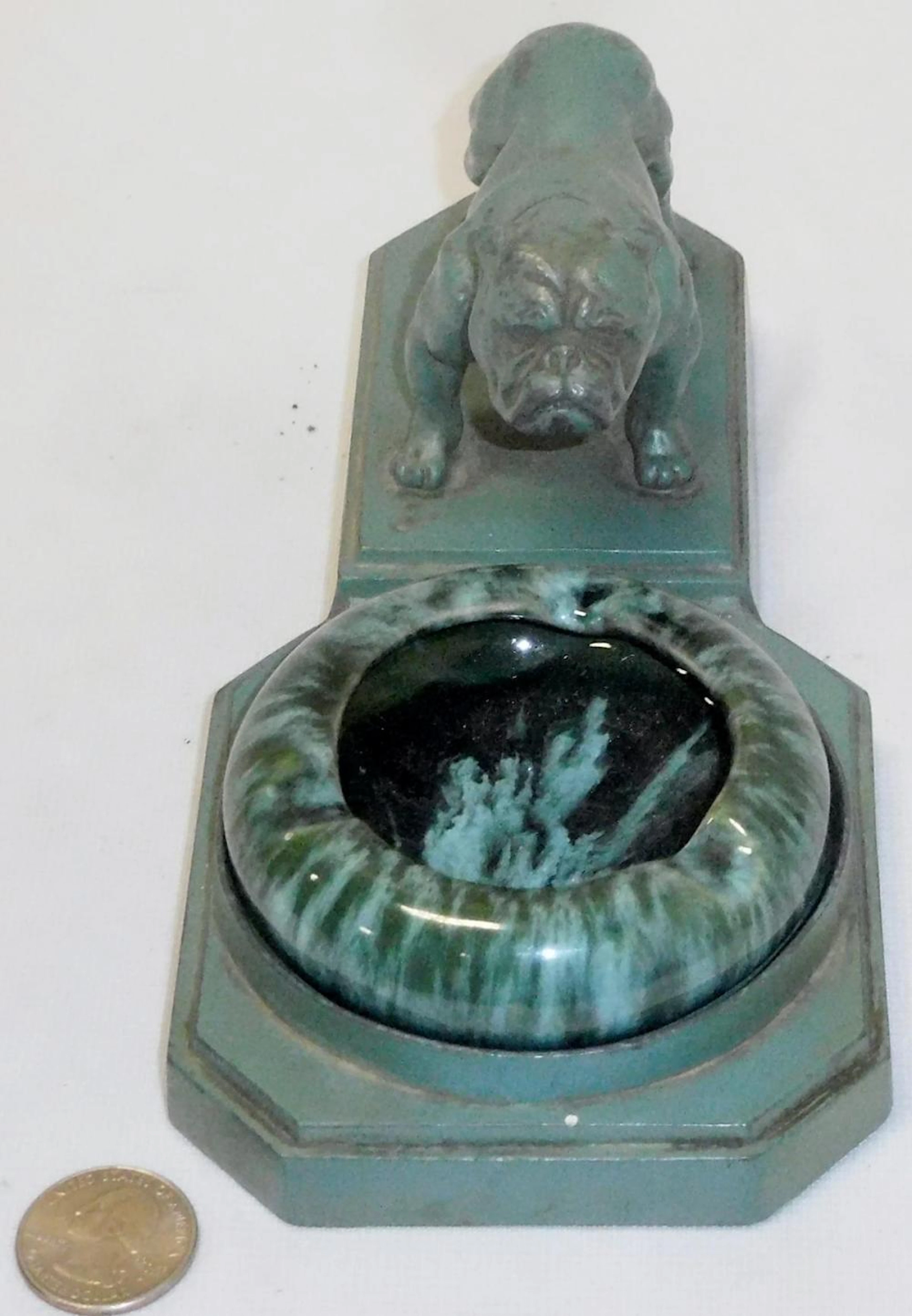 Vintage Art Deco NuArt Green Iron & Ceramic Standing French Bulldog Ashtray