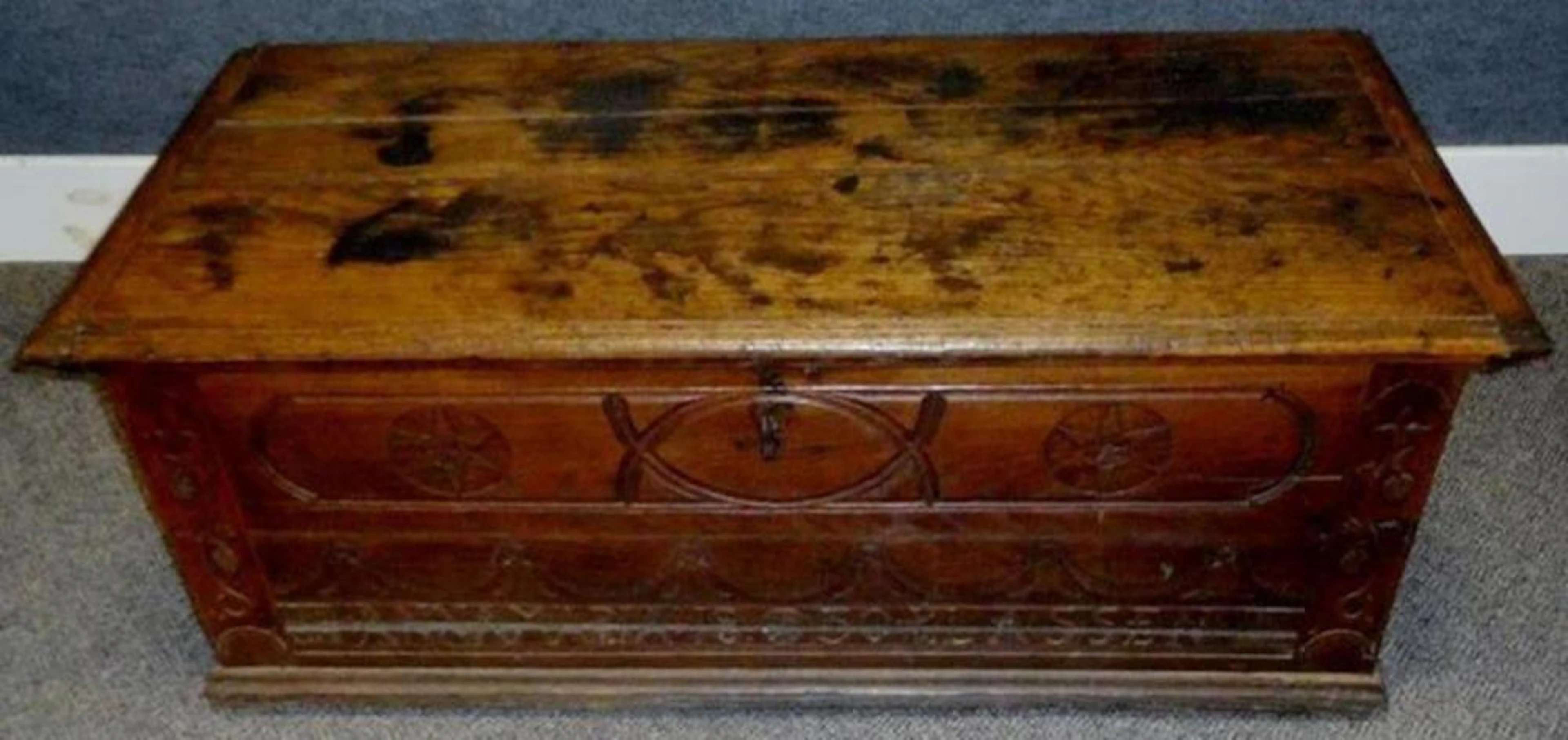 RARE Antique Dated 1830 ANNA MARIA KLASSEN Carved Wood Wedding Chest w/ Iron Key